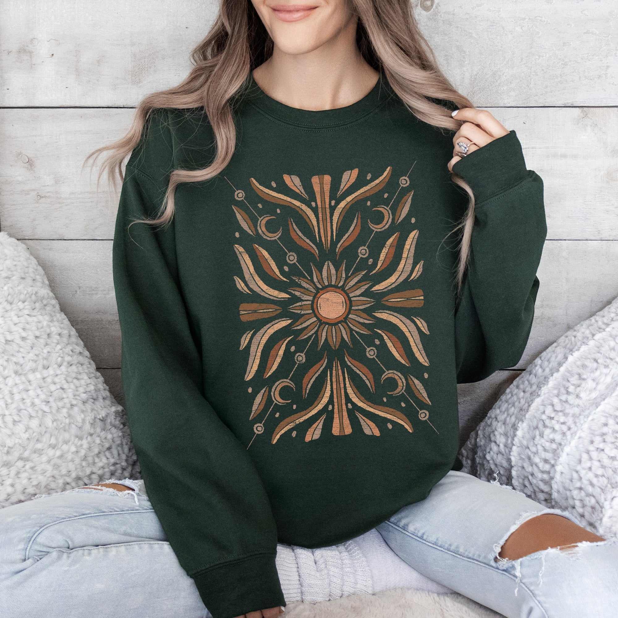 Boho Radiant Sun Celestial Mandala Print Cozy Fleece Lined Warm Winter Edition Sweatshirt