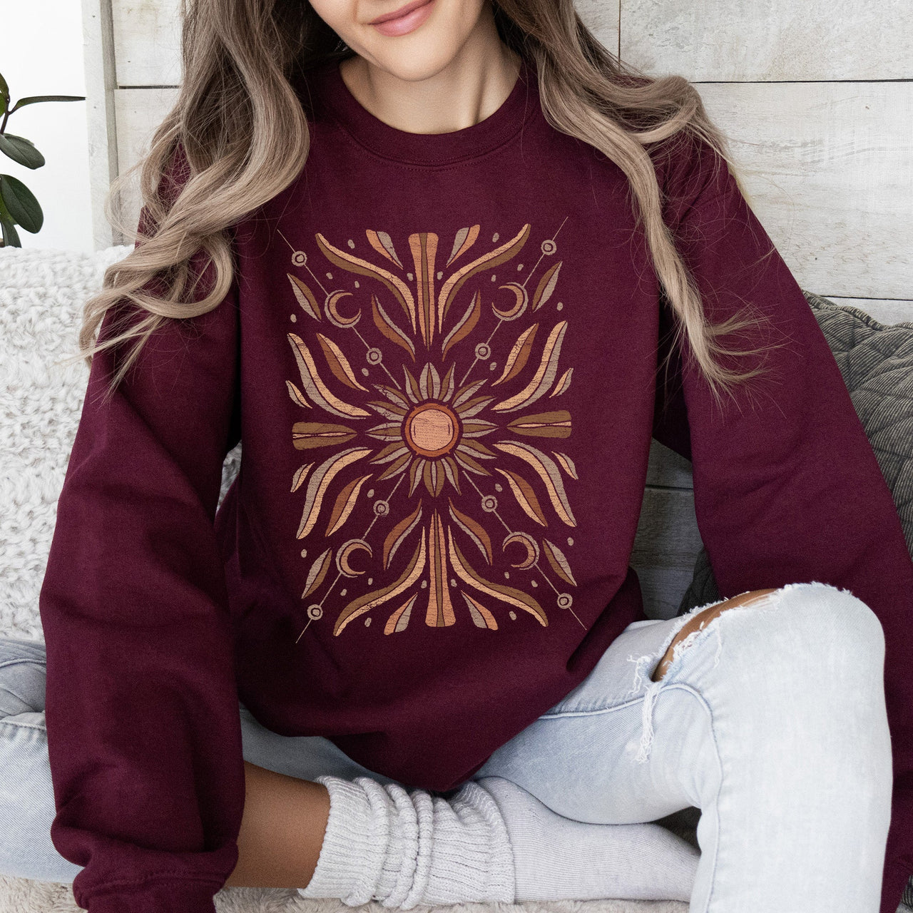 Boho Radiant Sun Celestial Mandala Print Cozy Fleece Lined Warm Winter Edition Sweatshirt