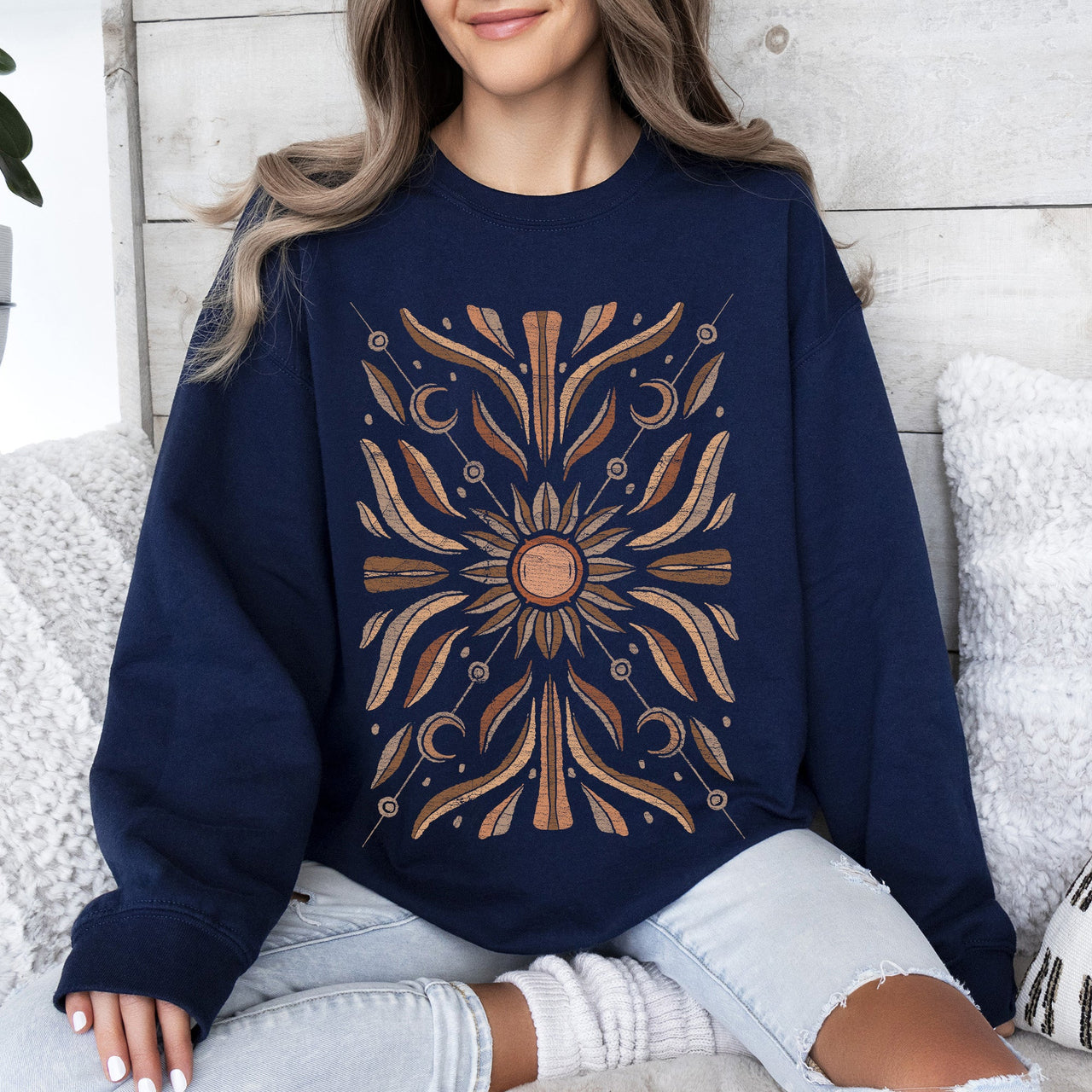 Boho Radiant Sun Celestial Mandala Print Cozy Fleece Lined Warm Winter Edition Sweatshirt