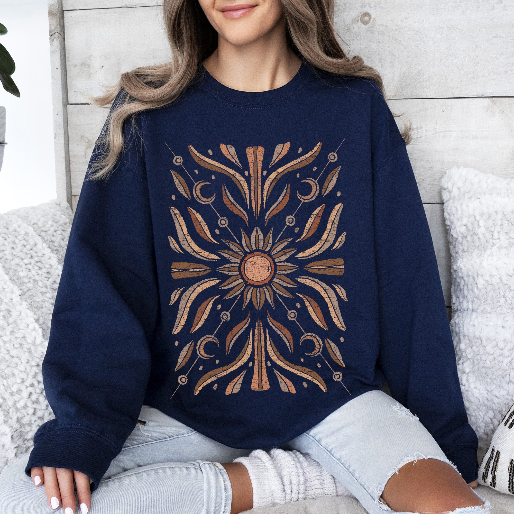 Boho Radiant Sun Celestial Mandala Print Cozy Fleece Lined Warm Winter Edition Sweatshirt