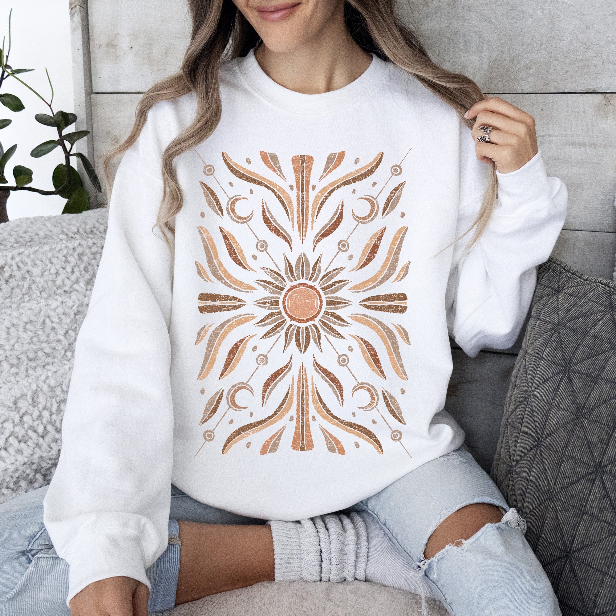 Boho Radiant Sun Celestial Mandala Print Cozy Fleece Lined Warm Winter Edition Sweatshirt