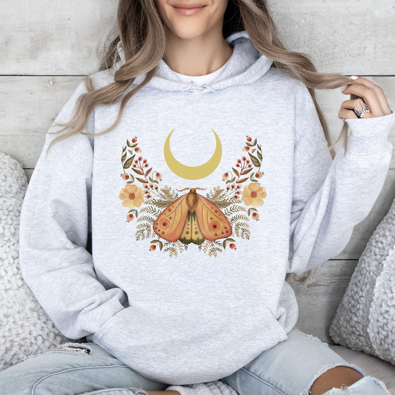 Mystical Moth And Moon, Enchanted Floral Night Sky, Celestial Garden Nighttime Scene Hoodie