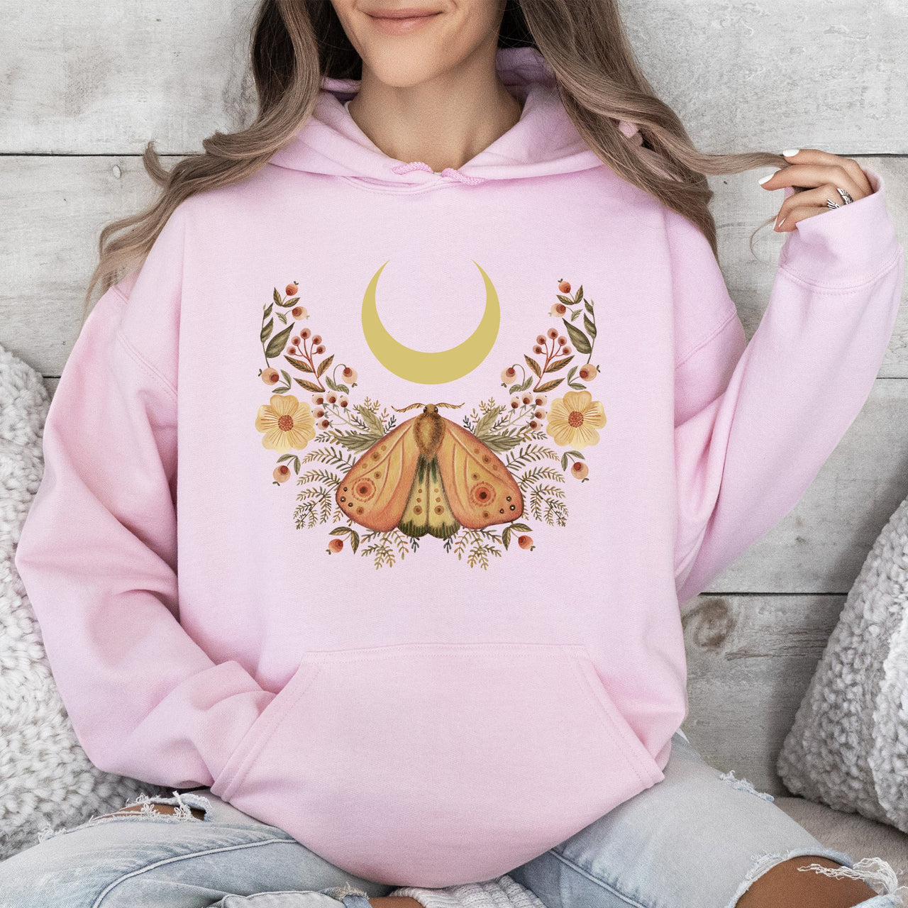Mystical Moth And Moon, Enchanted Floral Night Sky, Celestial Garden Nighttime Scene Hoodie