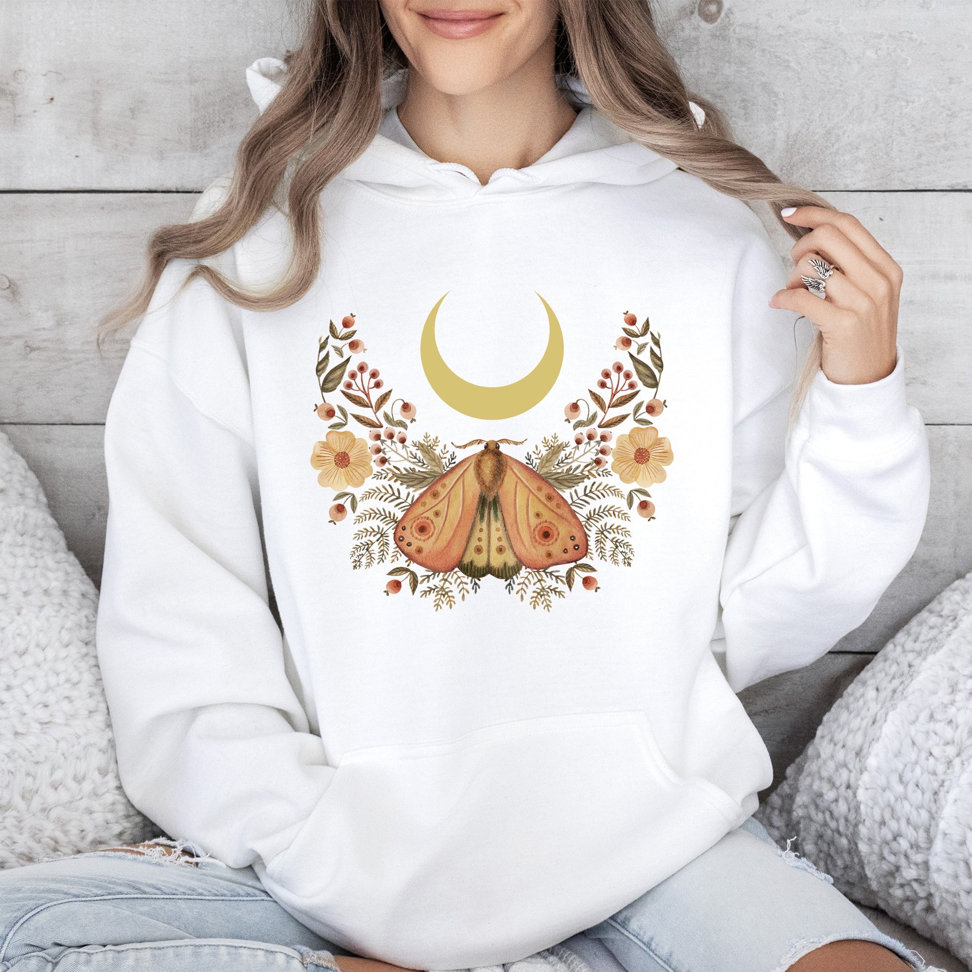 Mystical Moth And Moon, Enchanted Floral Night Sky, Celestial Garden Nighttime Scene Hoodie