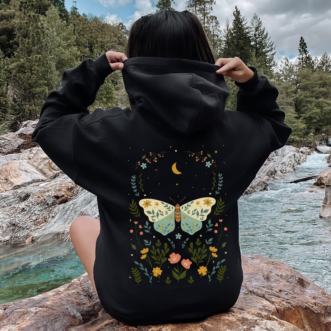 Twilight Flora and Fauna, Moon, Moth, and Flower Limited Edition Graphic Cozy Hoodie