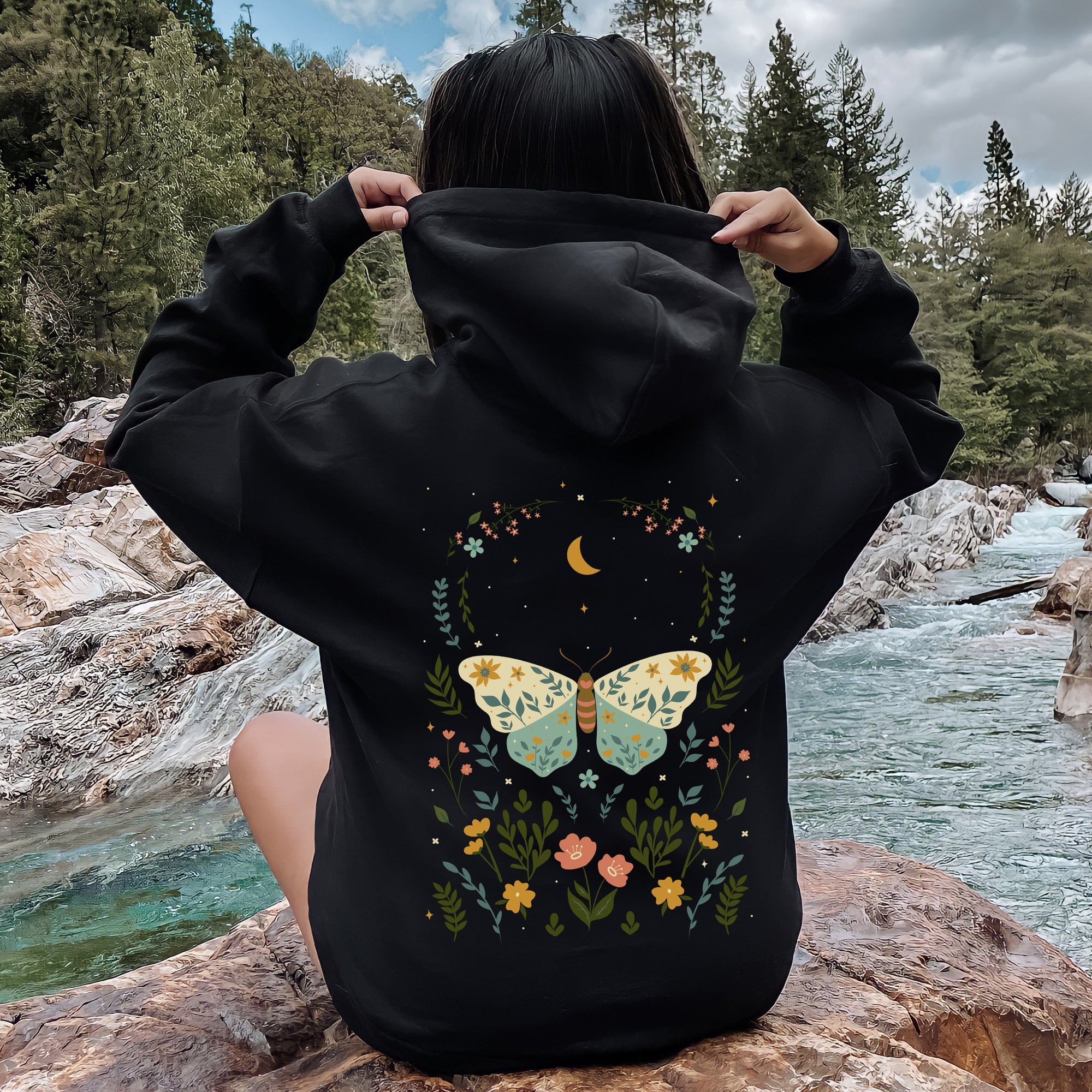 Twilight Flora and Fauna, Moon, Moth, and Flower Limited Edition Graphic Cozy Hoodie