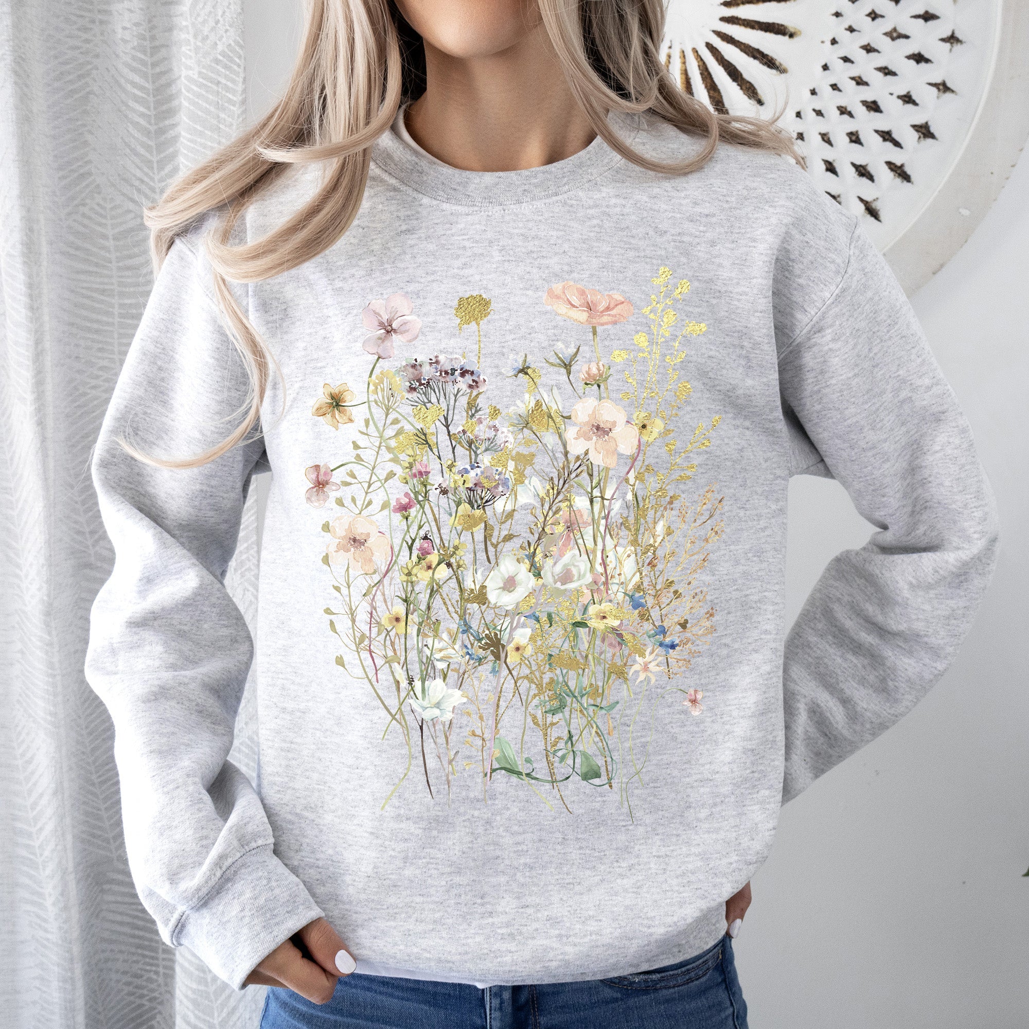 Pressed Flower Bouquet Botanical Artwork Floral Print Vintage Inspired Nature Illustration Sweatshirt