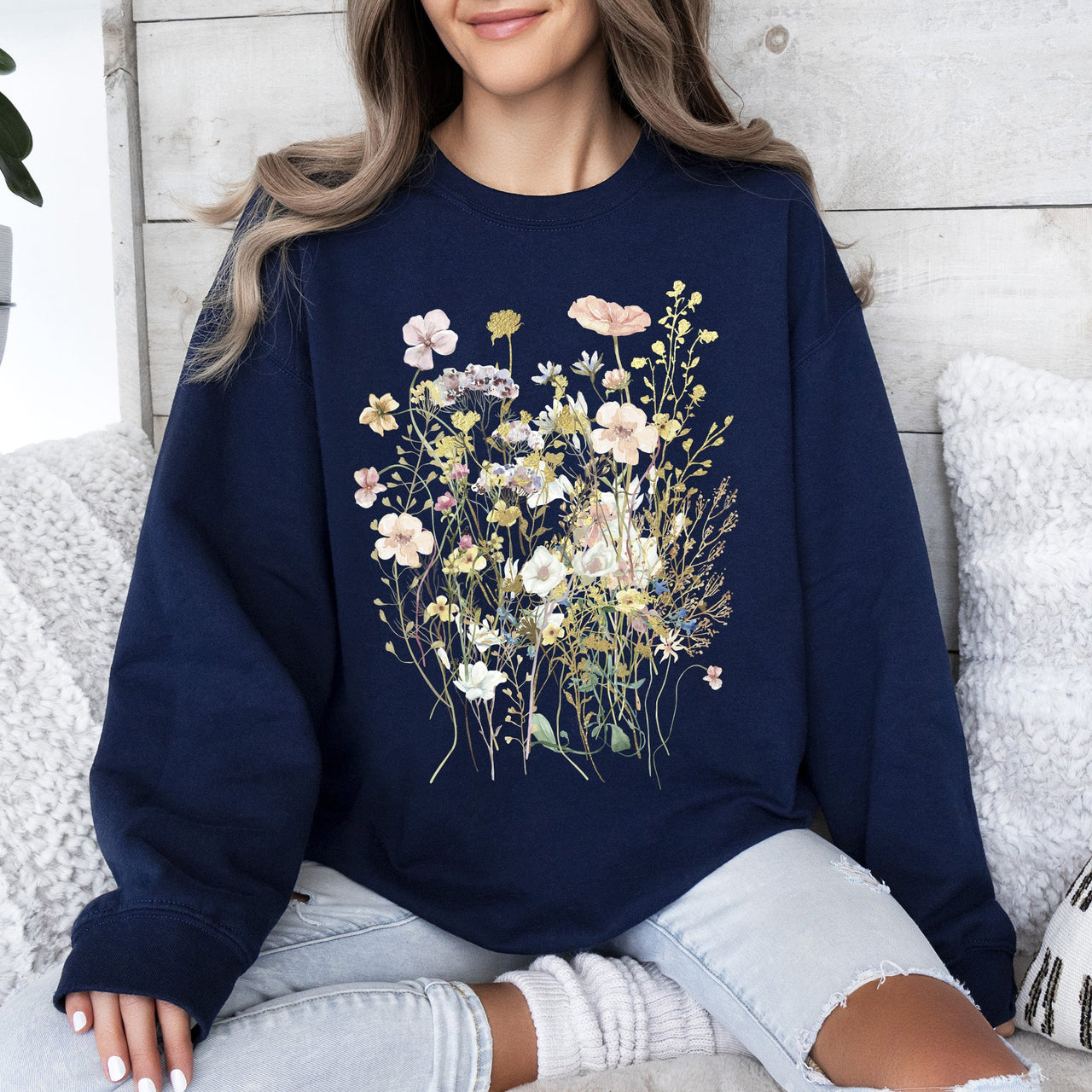 Pressed Flower Bouquet Botanical Artwork Floral Print Vintage Inspired Nature Illustration Sweatshirt