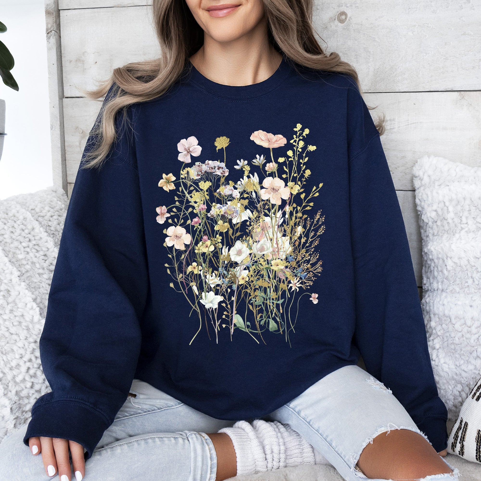 Pressed Flower Bouquet Botanical Artwork Floral Print Vintage Inspired Nature Illustration Sweatshirt