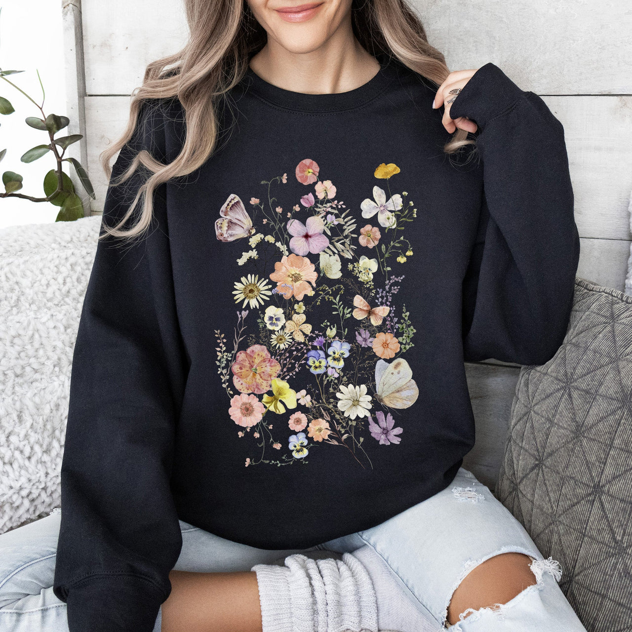 Butterfly Mountain Meadow Pressed Flower Botanical Print Vintage Inspired Sweatshirt