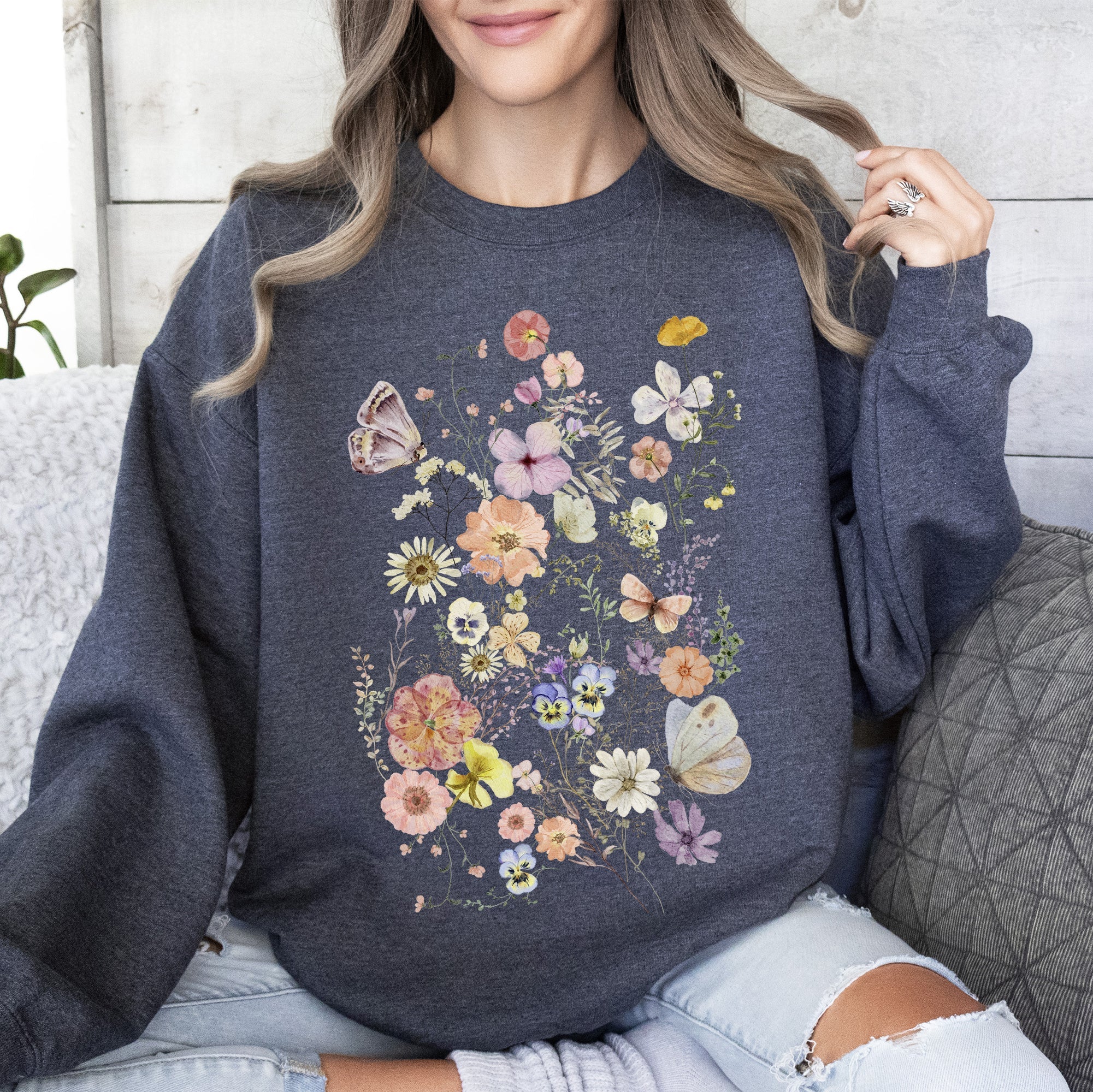 Butterfly Mountain Meadow Pressed Flower Botanical Print Vintage Inspired Sweatshirt
