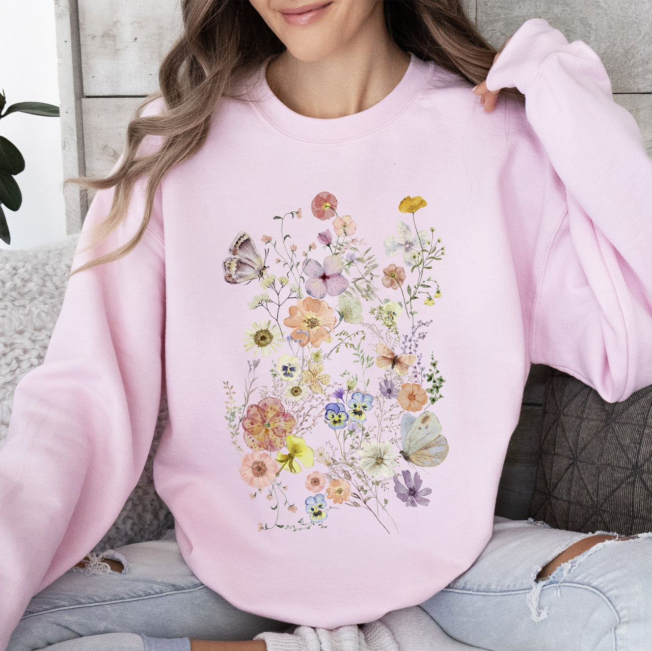 Butterfly Mountain Meadow Pressed Flower Botanical Print Vintage Inspired Sweatshirt