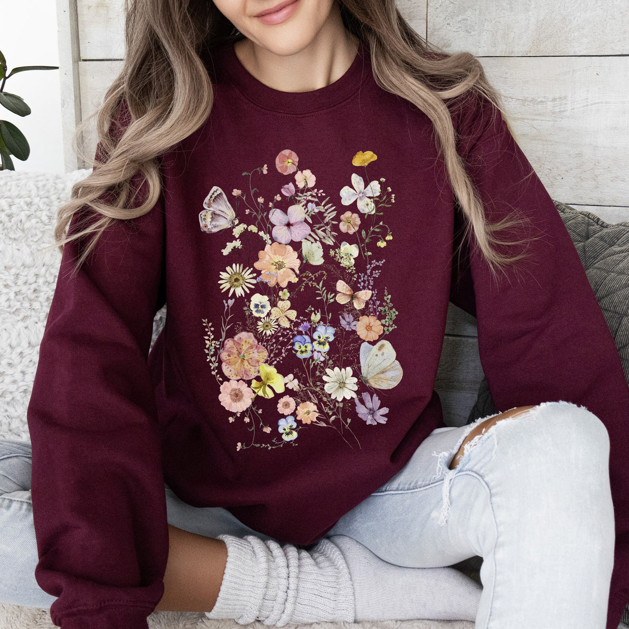 Butterfly Mountain Meadow Pressed Flower Botanical Print Vintage Inspired Sweatshirt