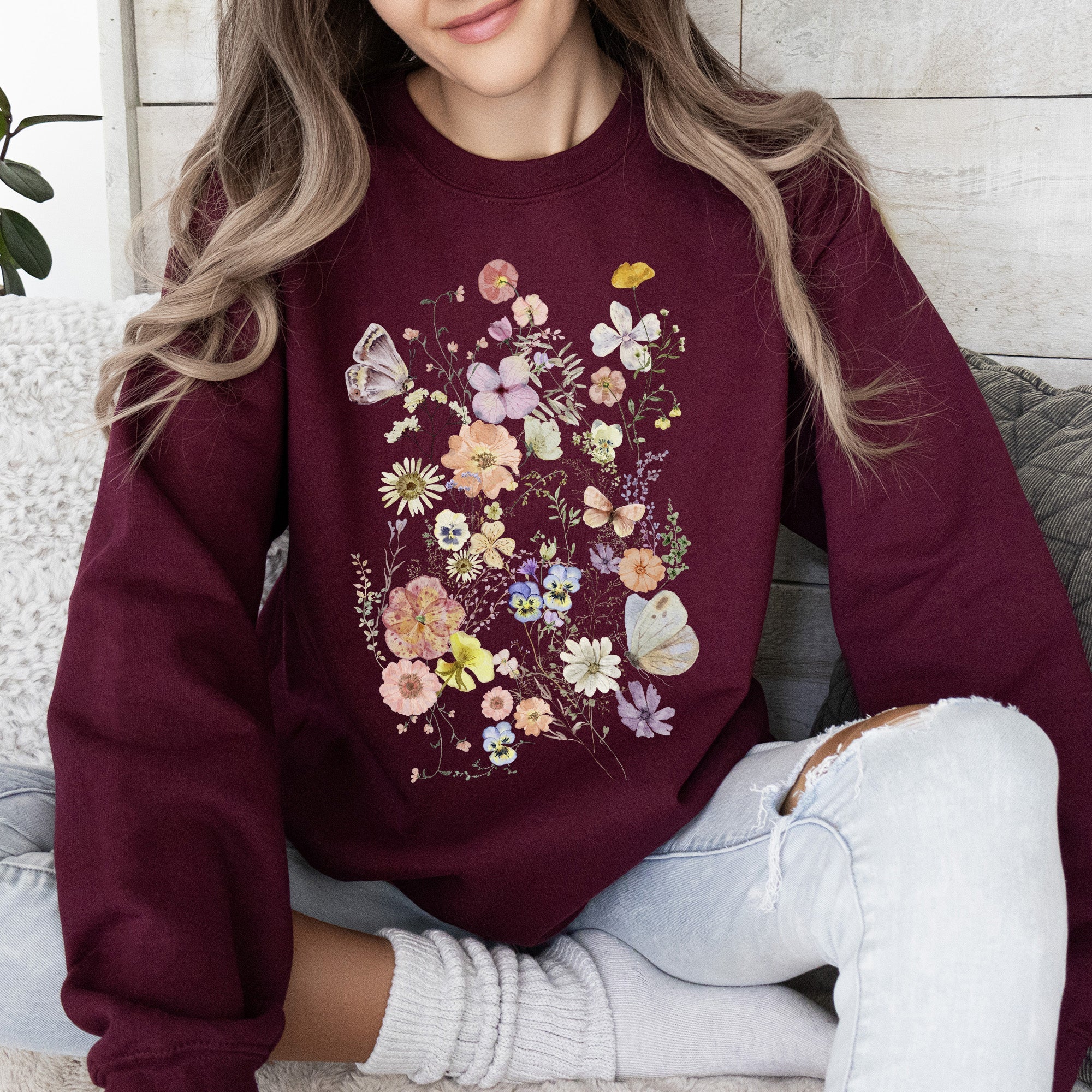 Butterfly Mountain Meadow Pressed Flower Botanical Print Vintage Inspired Sweatshirt
