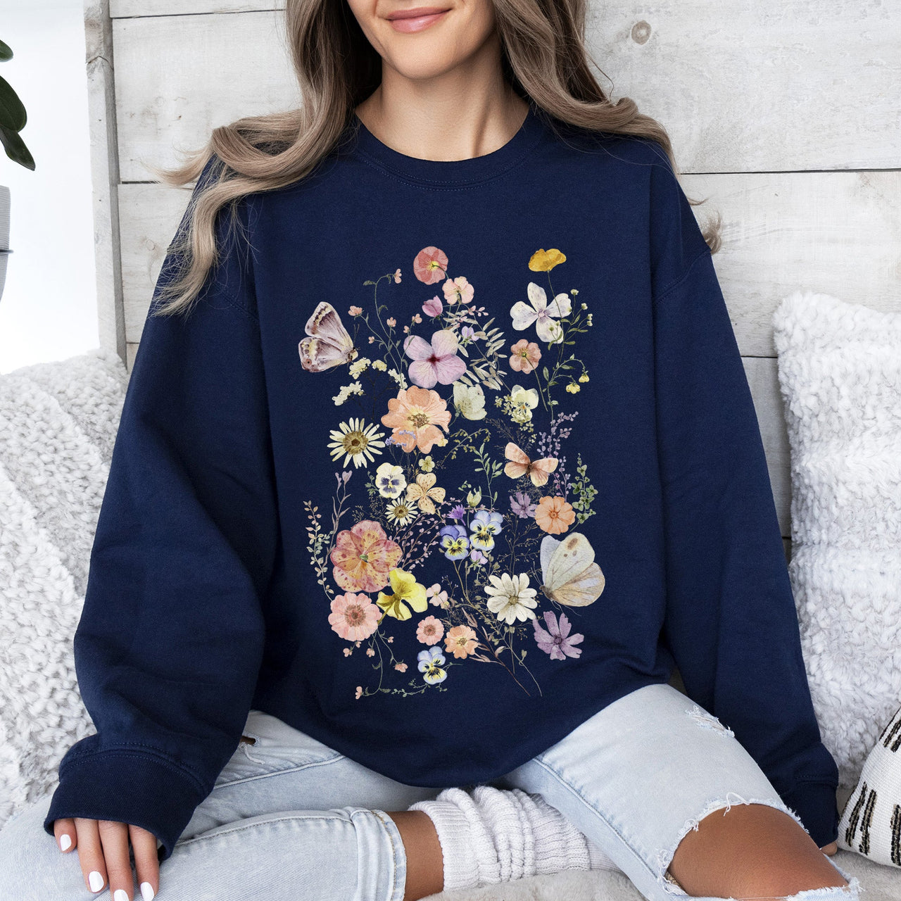 Butterfly Mountain Meadow Pressed Flower Botanical Print Vintage Inspired Sweatshirt