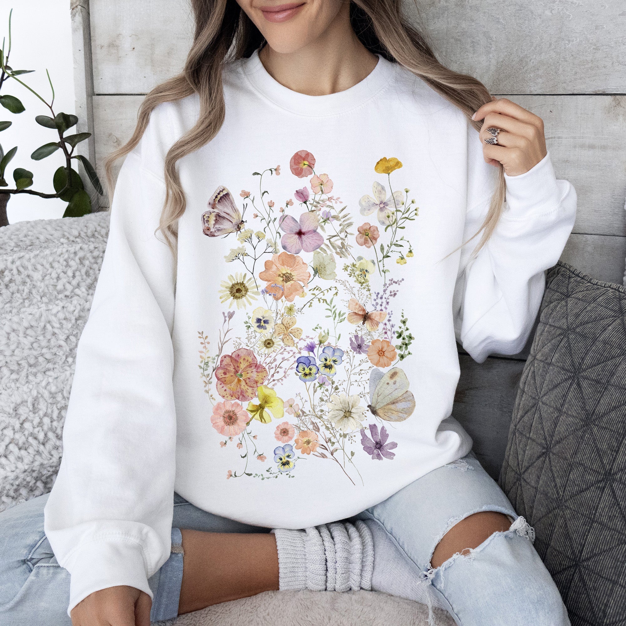 Butterfly Mountain Meadow Pressed Flower Botanical Print Vintage Inspired Sweatshirt