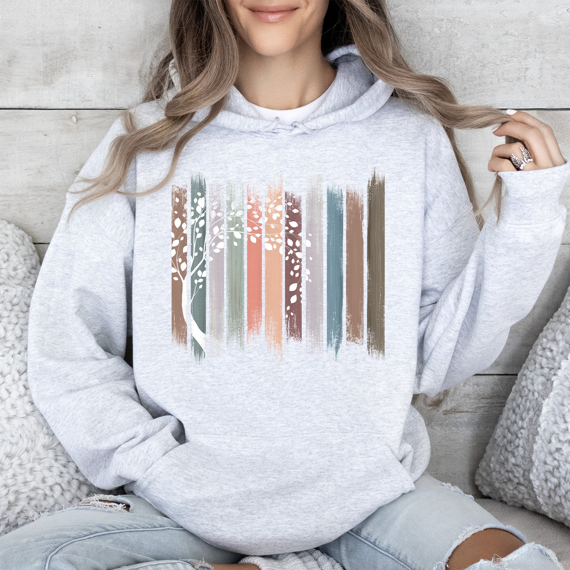 Botanical Stripes Tree Nature Scene Illustration Garden Leaves Forest Abstract Floral Print Hoodie