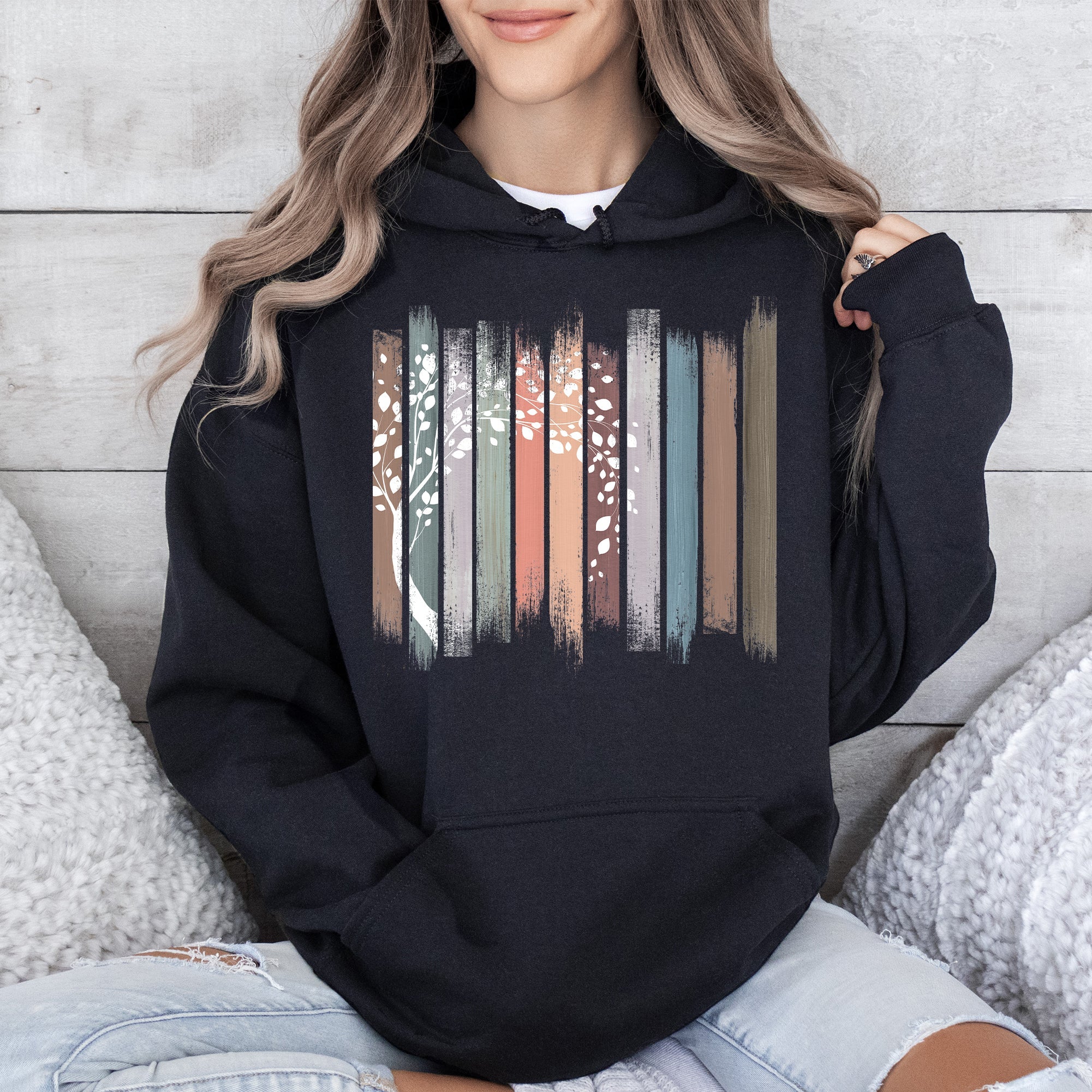 Botanical Stripes Tree Nature Scene Illustration Garden Leaves Forest Abstract Floral Print Hoodie