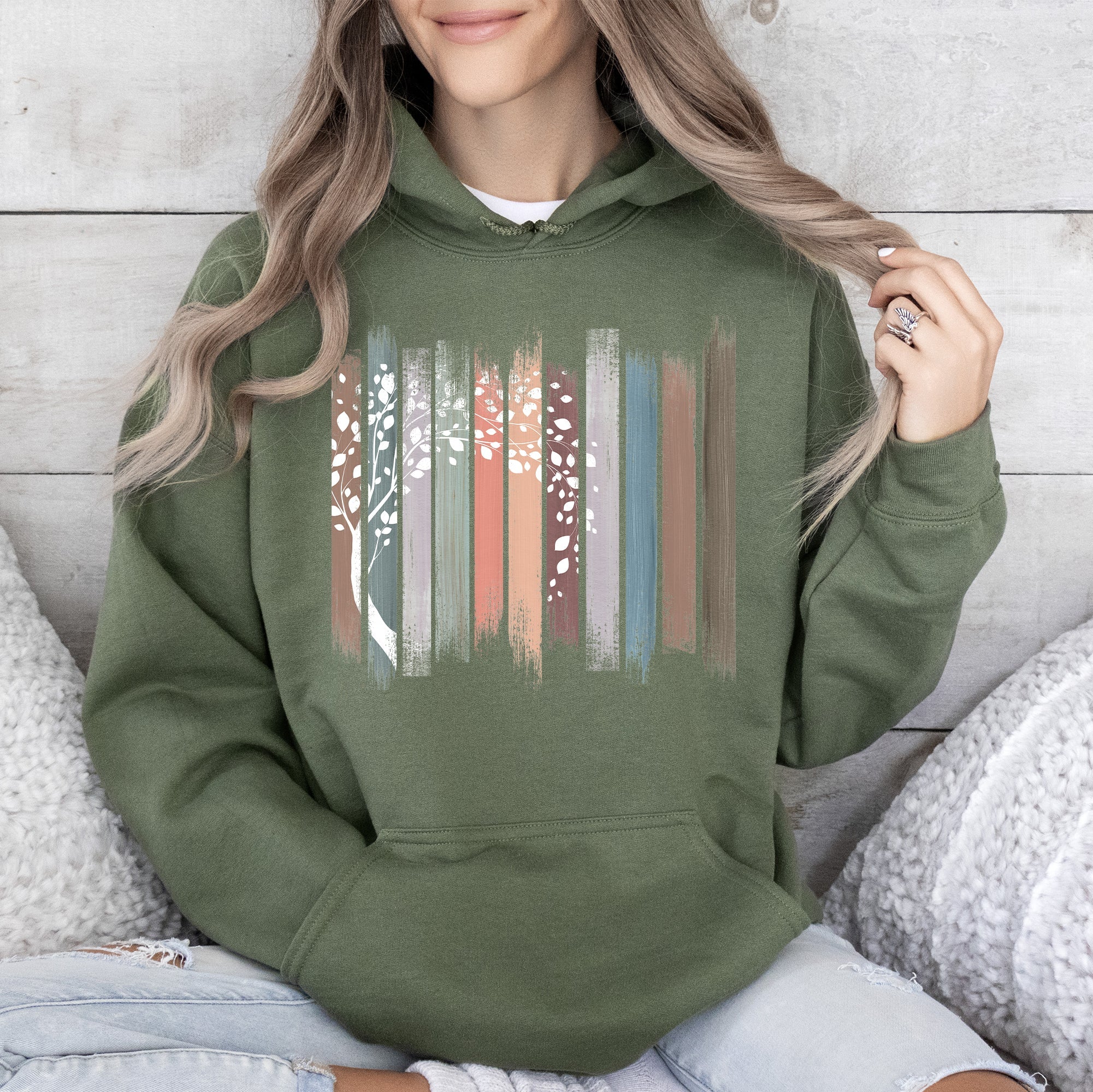 Botanical Stripes Tree Nature Scene Illustration Garden Leaves Forest Abstract Floral Print Hoodie