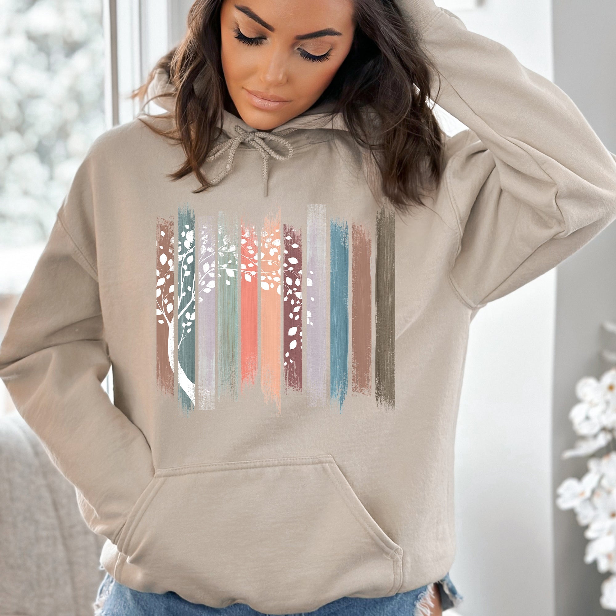 Botanical Stripes Tree Nature Scene Illustration Garden Leaves Forest Abstract Floral Print Hoodie