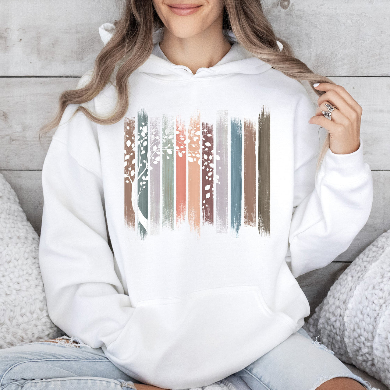 Botanical Stripes Tree Nature Scene Illustration Garden Leaves Forest Abstract Floral Print Hoodie