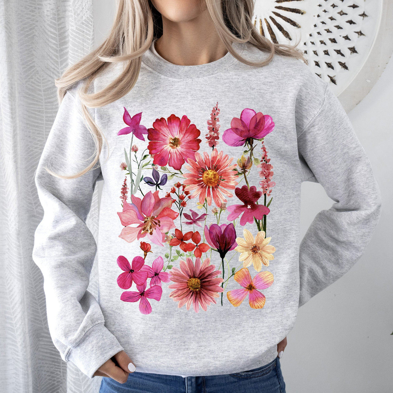 Vibrant Pressed Flower Botanical Garden Themed Floral Illustration Art Print Sweatshirt