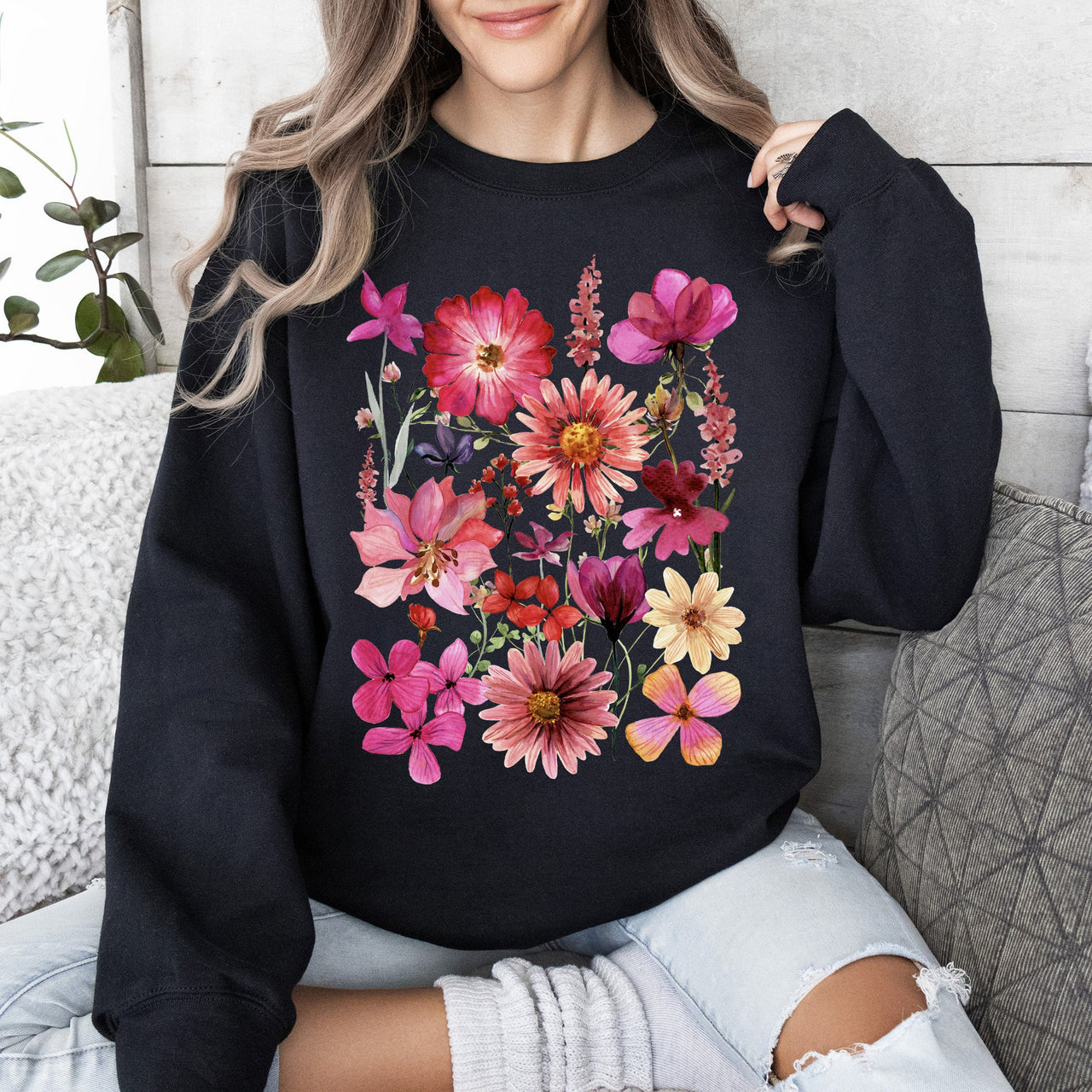 Vibrant Pressed Flower Botanical Garden Themed Floral Illustration Art Print Sweatshirt