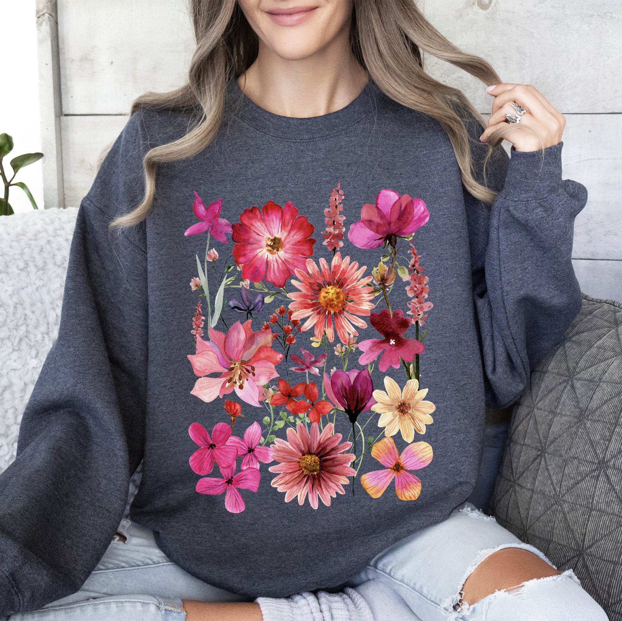 Vibrant Pressed Flower Botanical Garden Themed Floral Illustration Art Print Sweatshirt