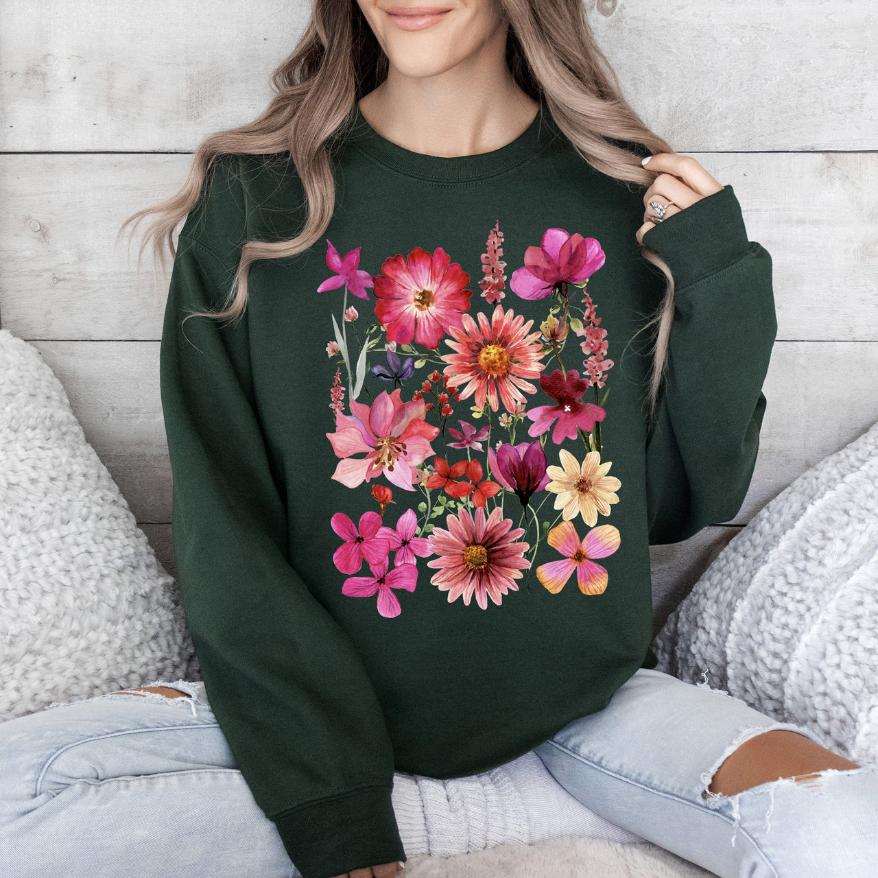 Vibrant Pressed Flower Botanical Garden Themed Floral Illustration Art Print Sweatshirt
