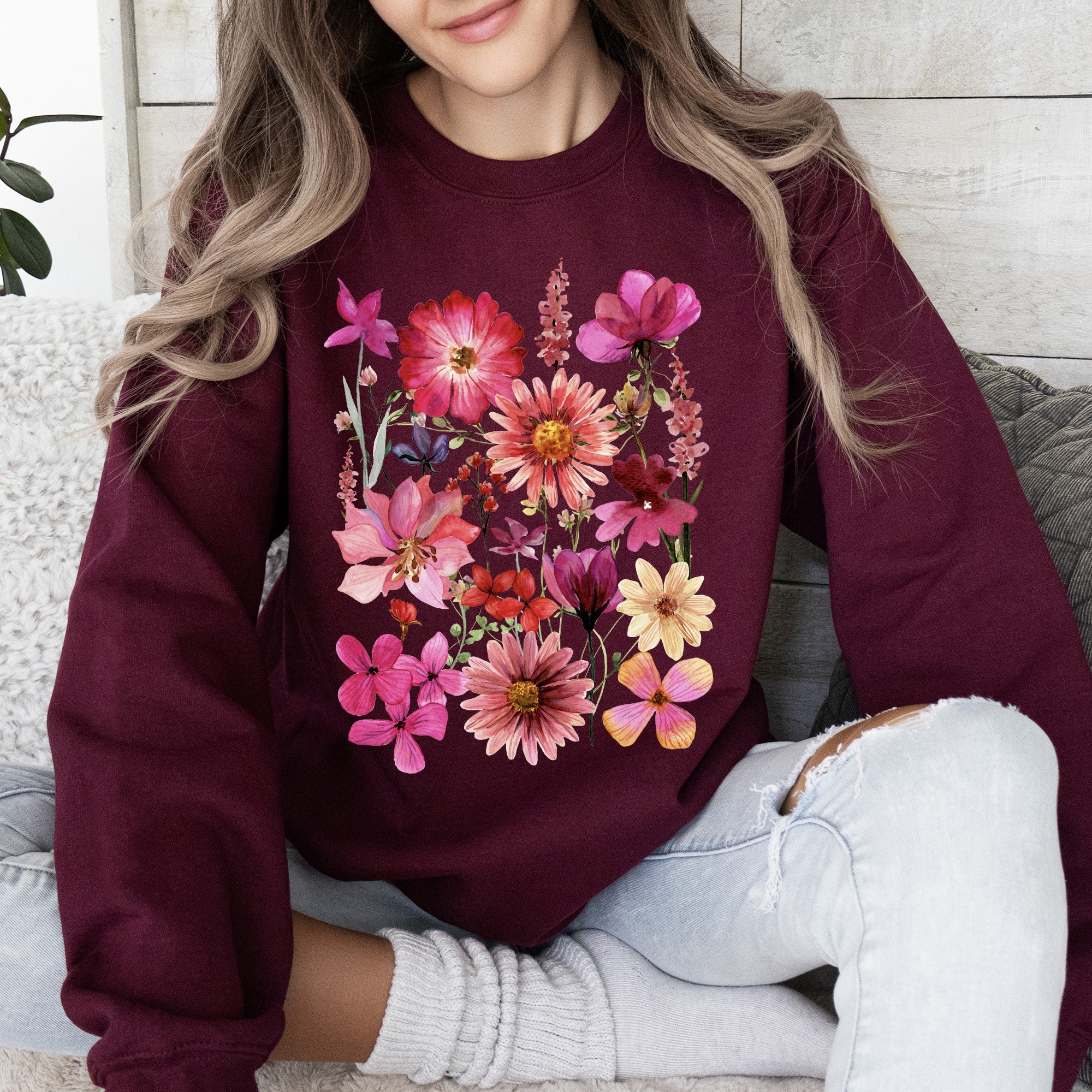 Vibrant Pressed Flower Botanical Garden Themed Floral Illustration Art Print Sweatshirt