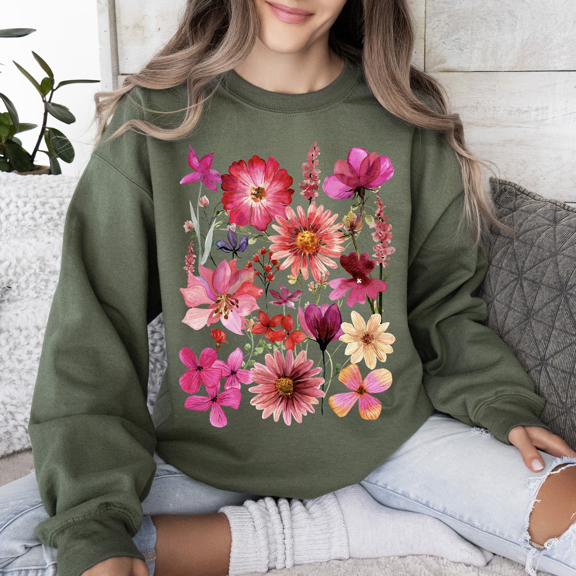 Vibrant Pressed Flower Botanical Garden Themed Floral Illustration Art Print Sweatshirt