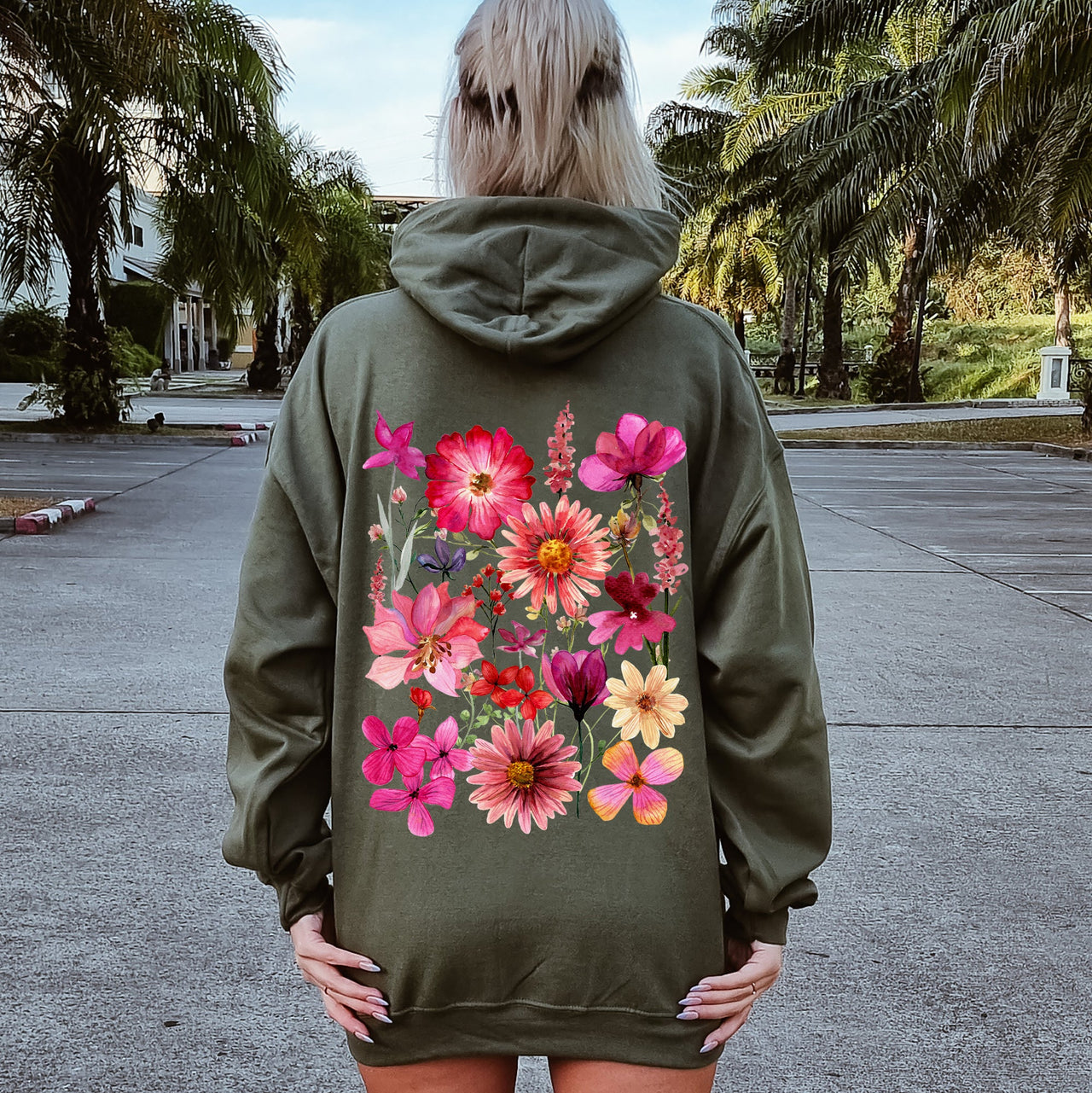 Vibrant Pressed Flower Graphic Botanical Bloom Artwork On Soft Fleece Interior For Everyday Comfort Hoodie