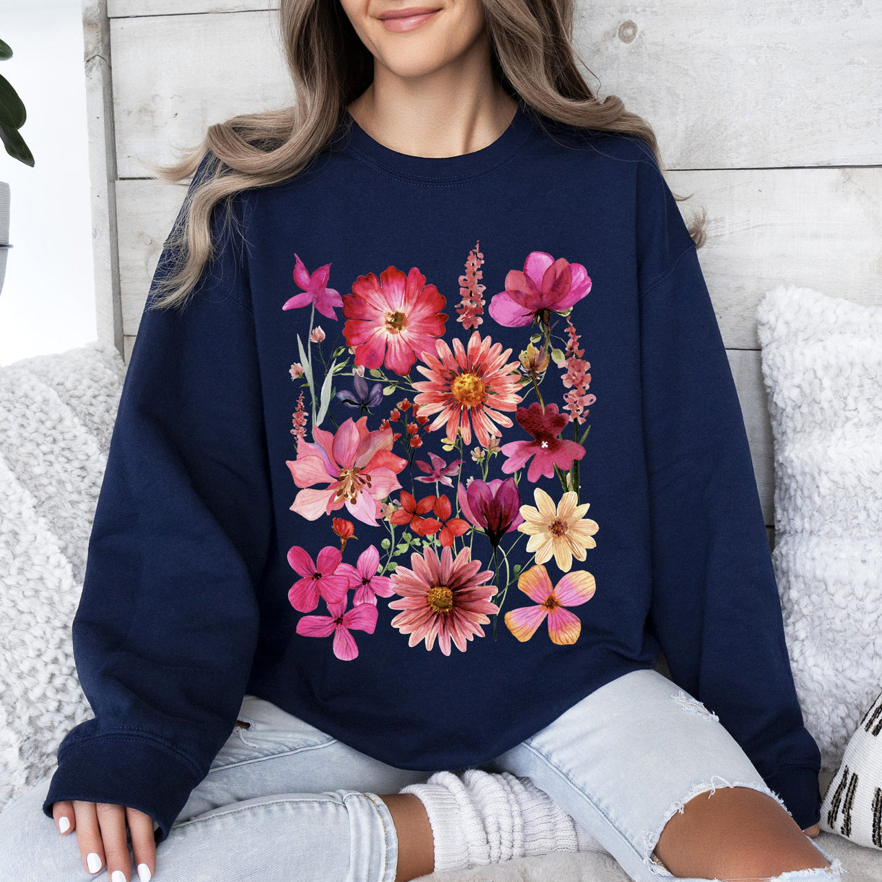 Vibrant Pressed Flower Botanical Garden Themed Floral Illustration Art Print Sweatshirt