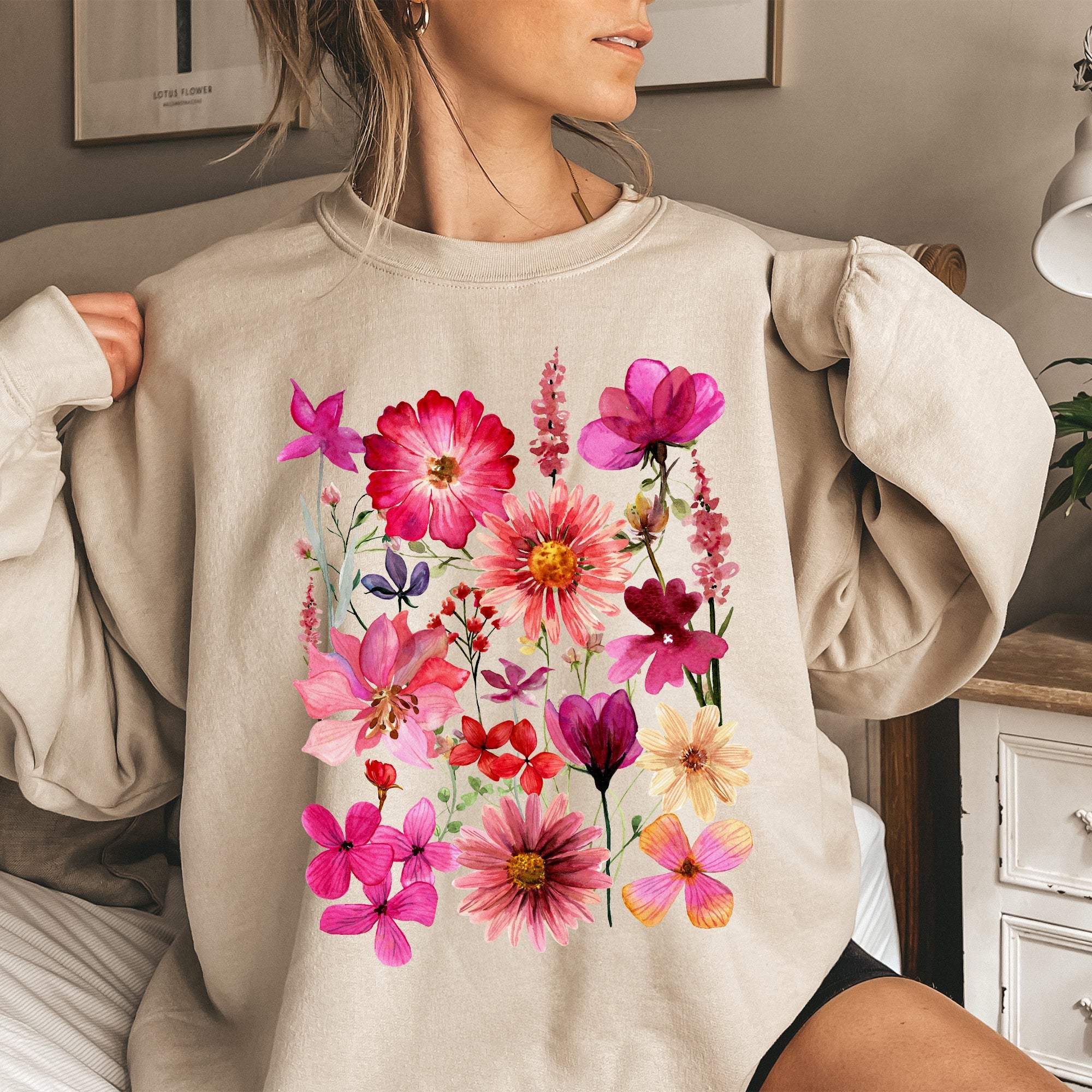 Vibrant Pressed Flower Botanical Garden Themed Floral Illustration Art Print Sweatshirt