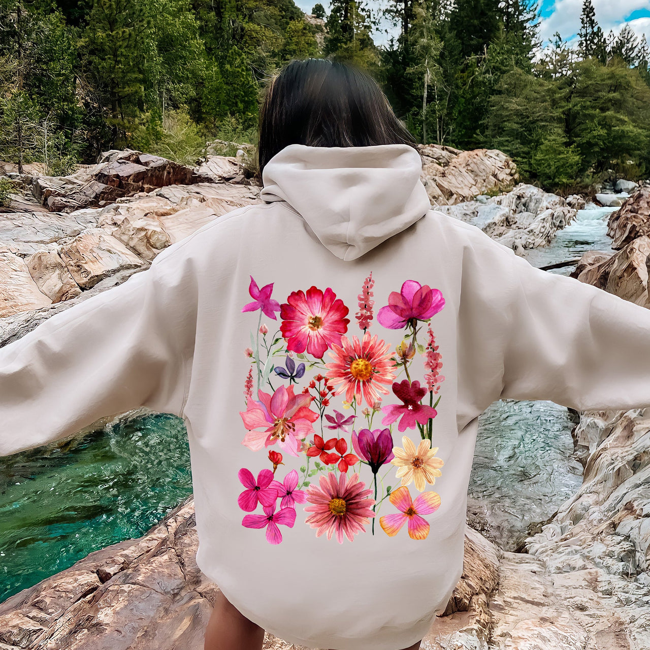 Vibrant Pressed Flower Graphic Botanical Bloom Artwork On Soft Fleece Interior For Everyday Comfort Hoodie