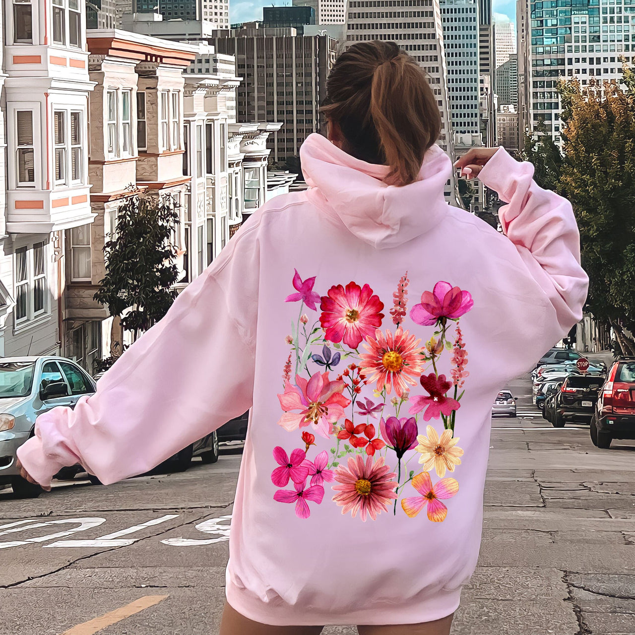Vibrant Pressed Flower Graphic Botanical Bloom Artwork On Soft Fleece Interior For Everyday Comfort Hoodie