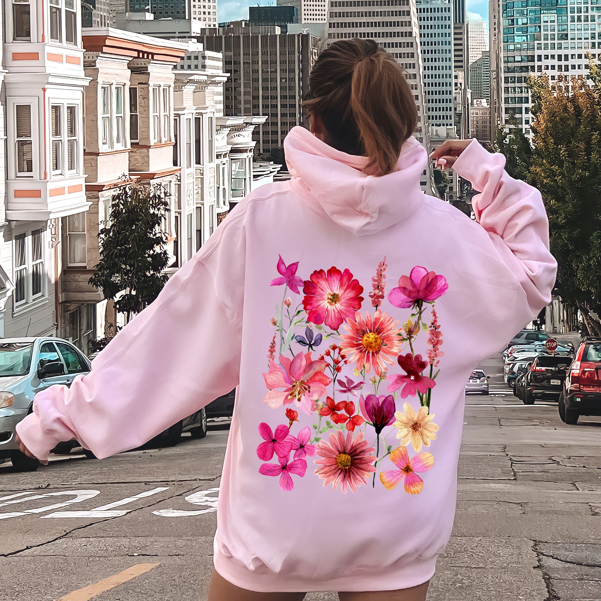 Vibrant Pressed Flower Graphic Botanical Bloom Artwork On Soft Fleece Interior For Everyday Comfort Hoodie