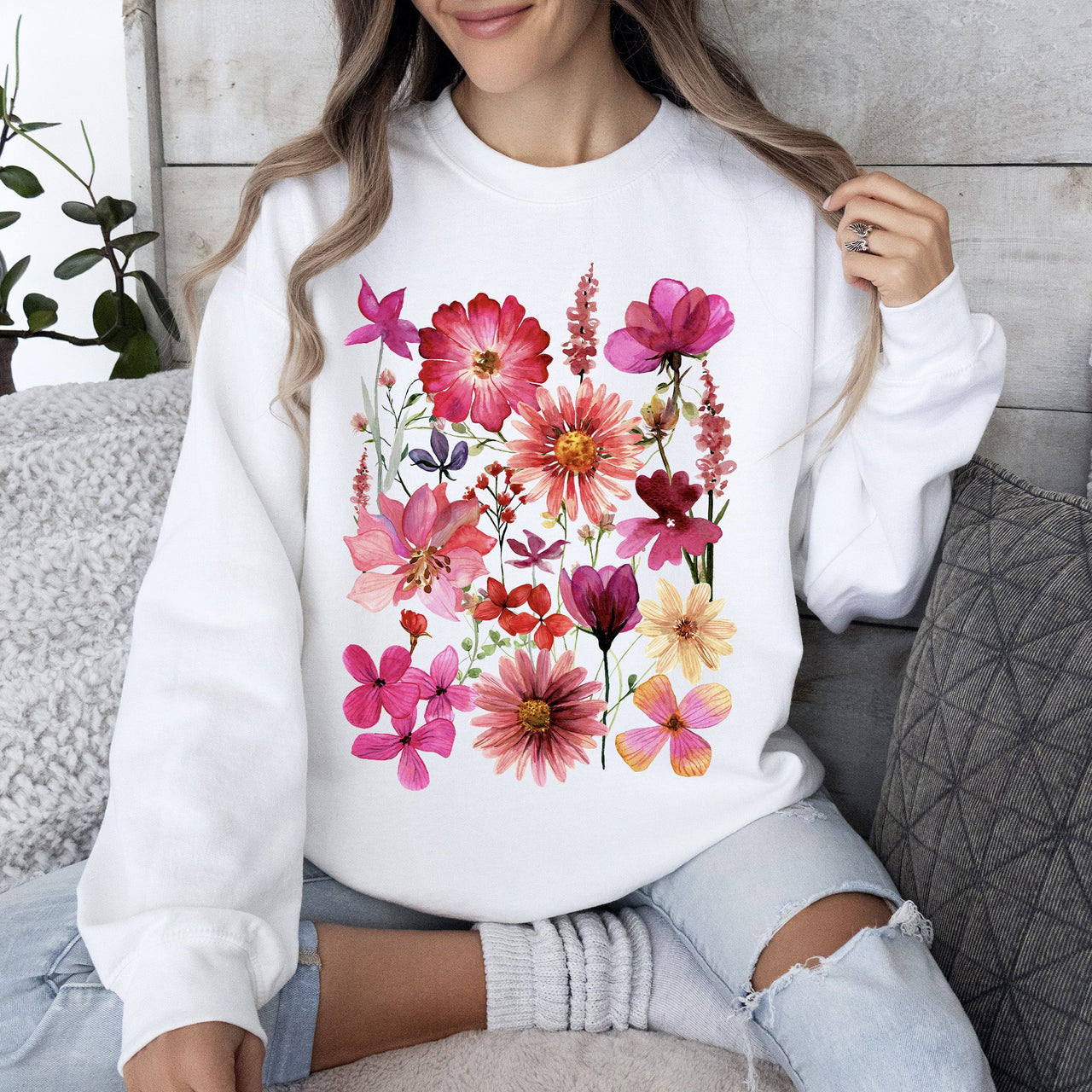 Vibrant Pressed Flower Botanical Garden Themed Floral Illustration Art Print Sweatshirt