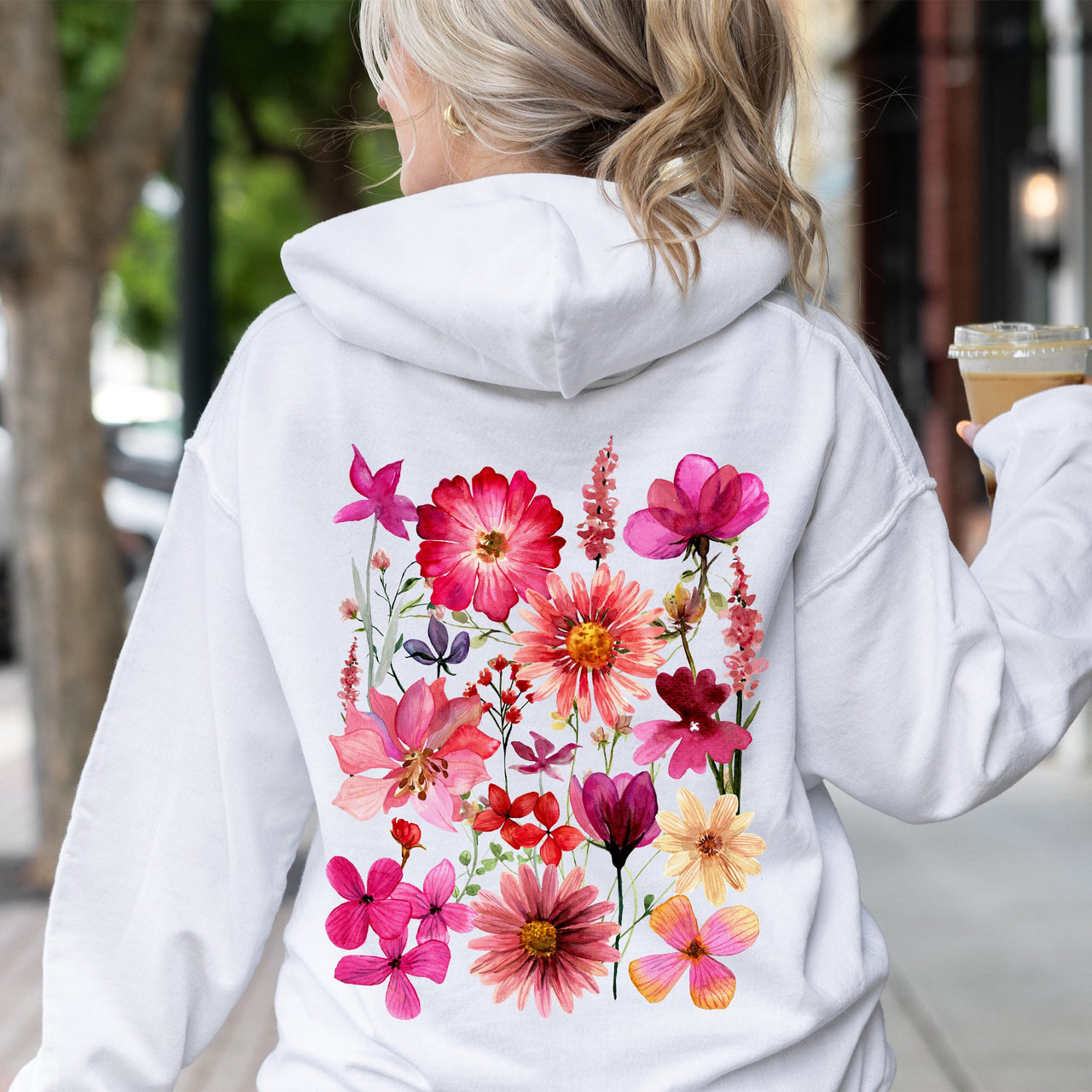 Vibrant Pressed Flower Graphic Botanical Bloom Artwork On Soft Fleece Interior For Everyday Comfort Hoodie