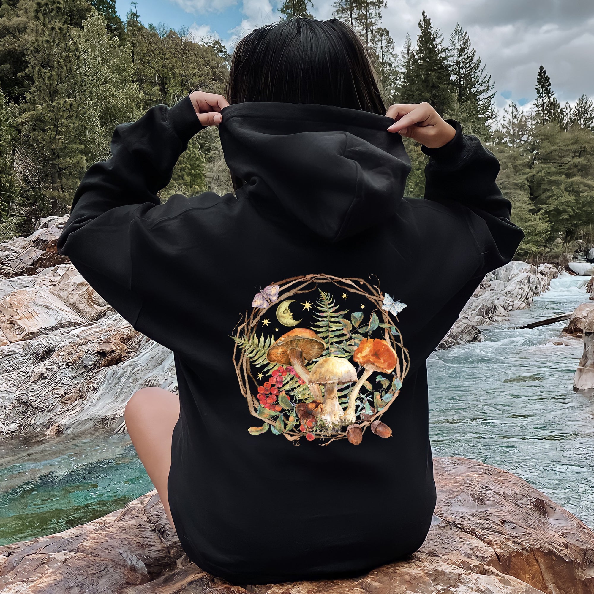 Moon, Moth And Mushrooms, Nature, Forest, Cottage Hoodie