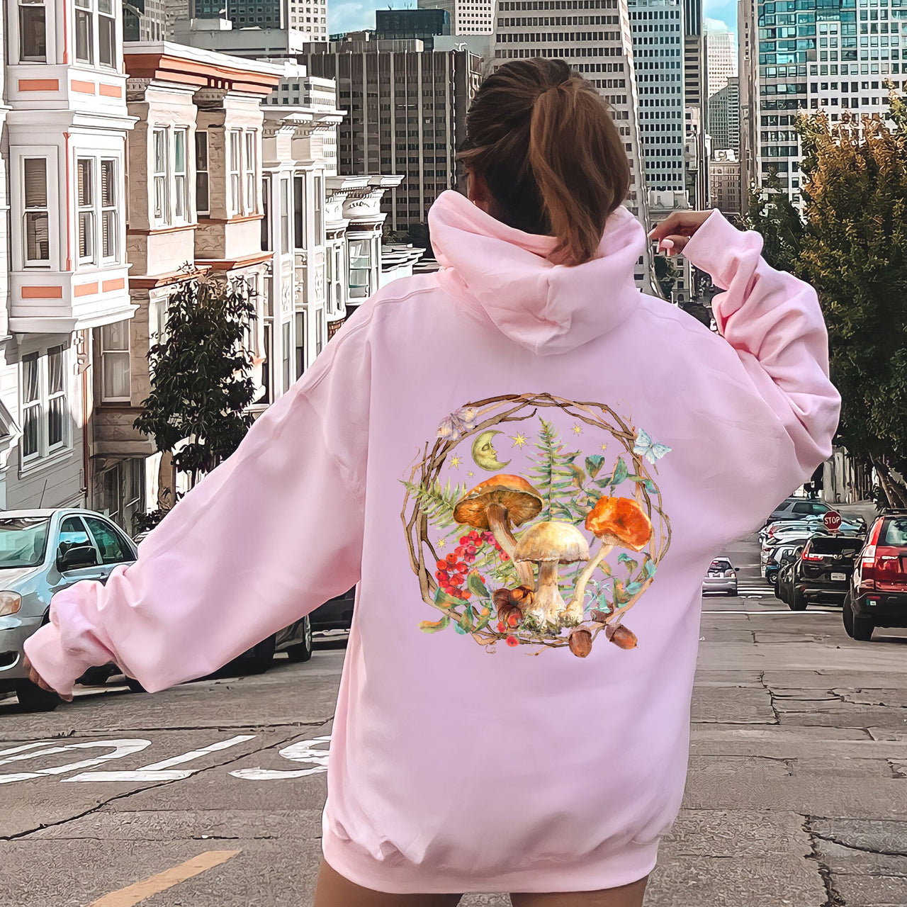 Moon, Moth And Mushrooms, Nature, Forest, Cottage Hoodie
