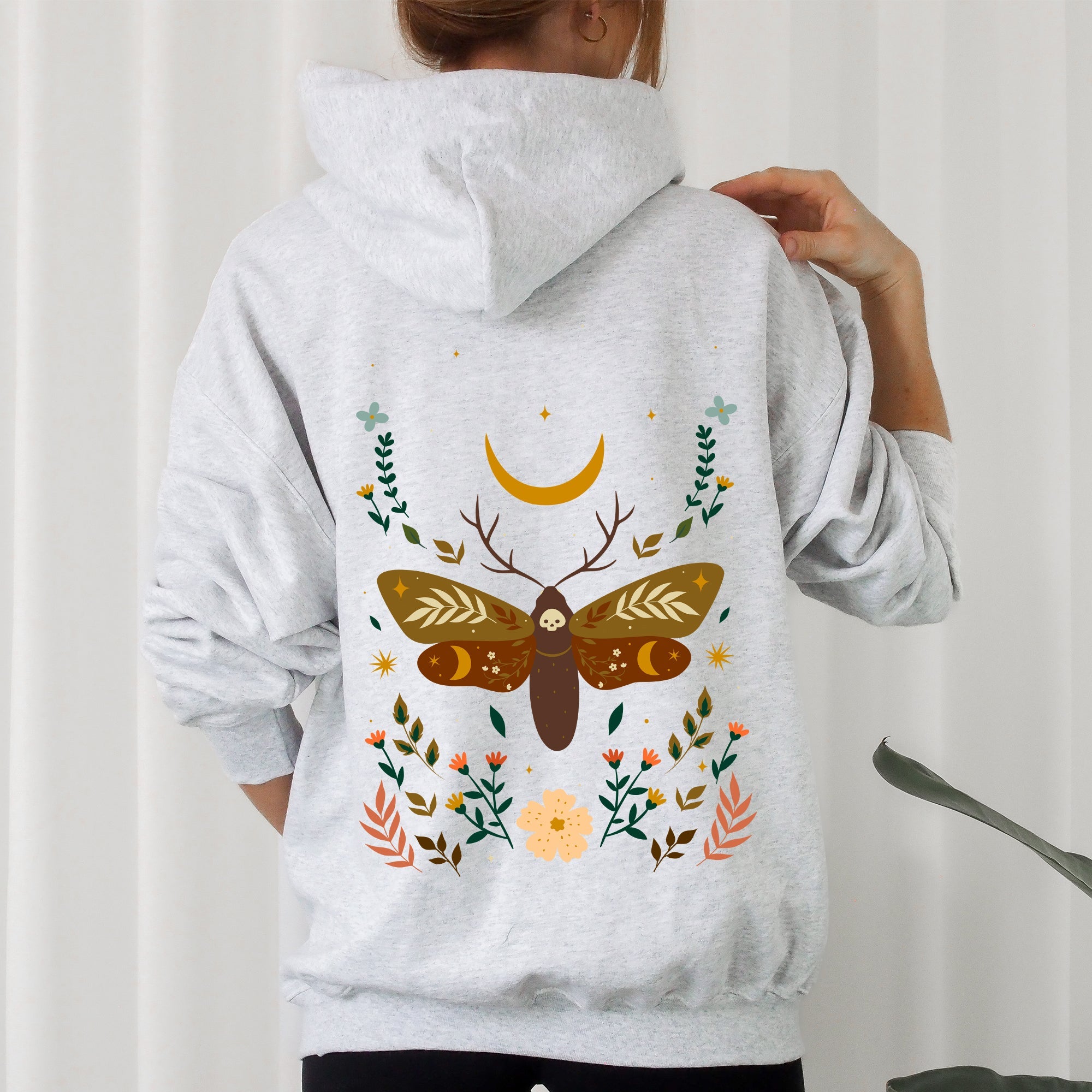 Enchanted Moth Garden Floral Print Botanical Moth Themed Art Nature Inspired Graphic Hoodie