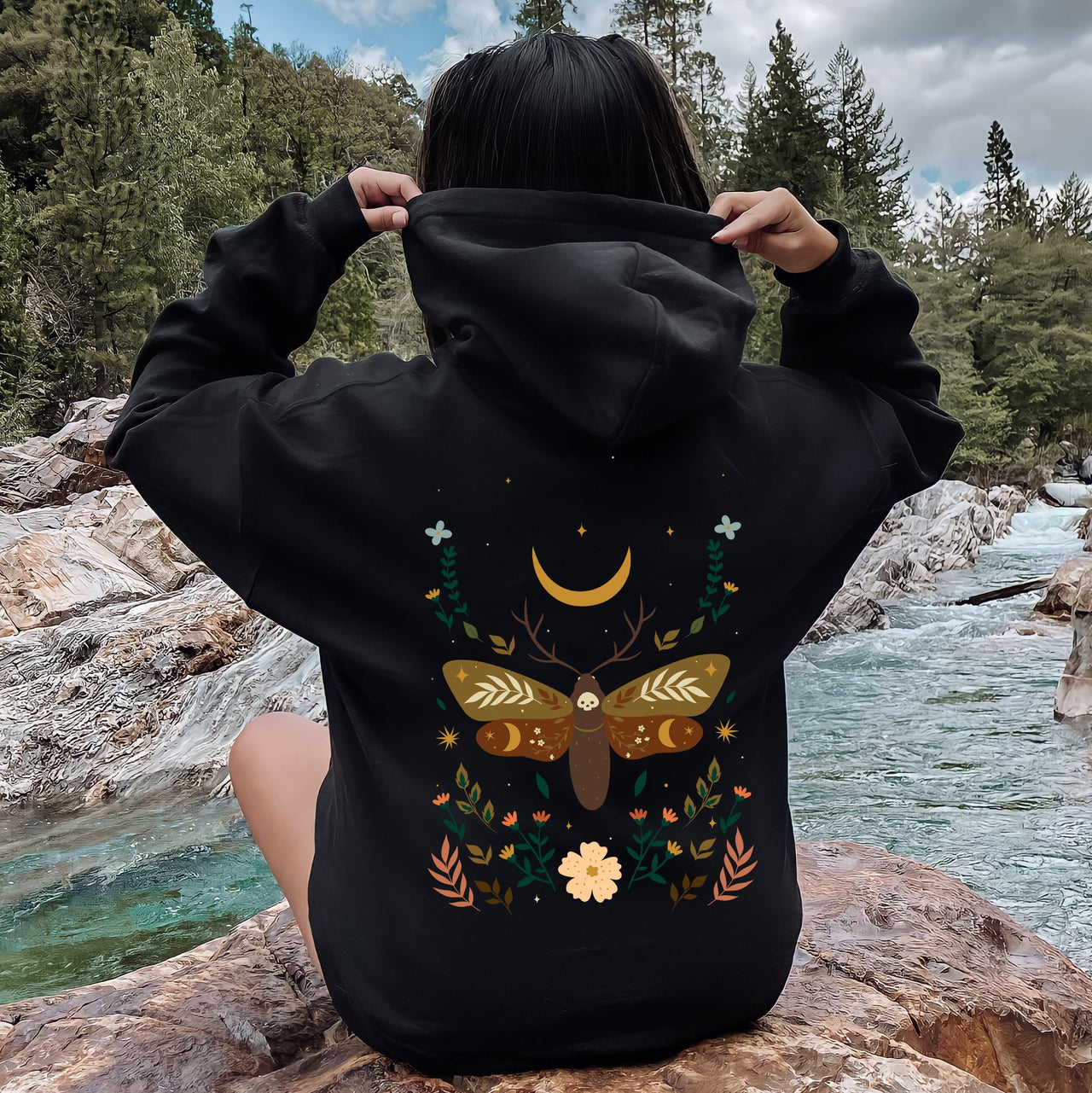 Enchanted Moth Garden Floral Print Botanical Moth Themed Art Nature Inspired Graphic Hoodie