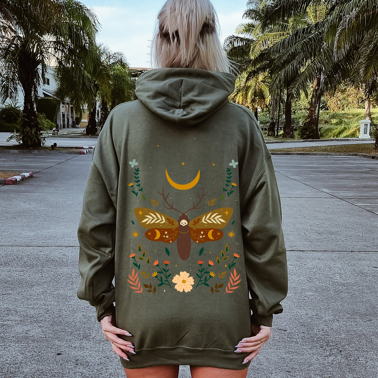Enchanted Moth Garden Floral Print Botanical Moth Themed Art Nature Inspired Graphic Hoodie