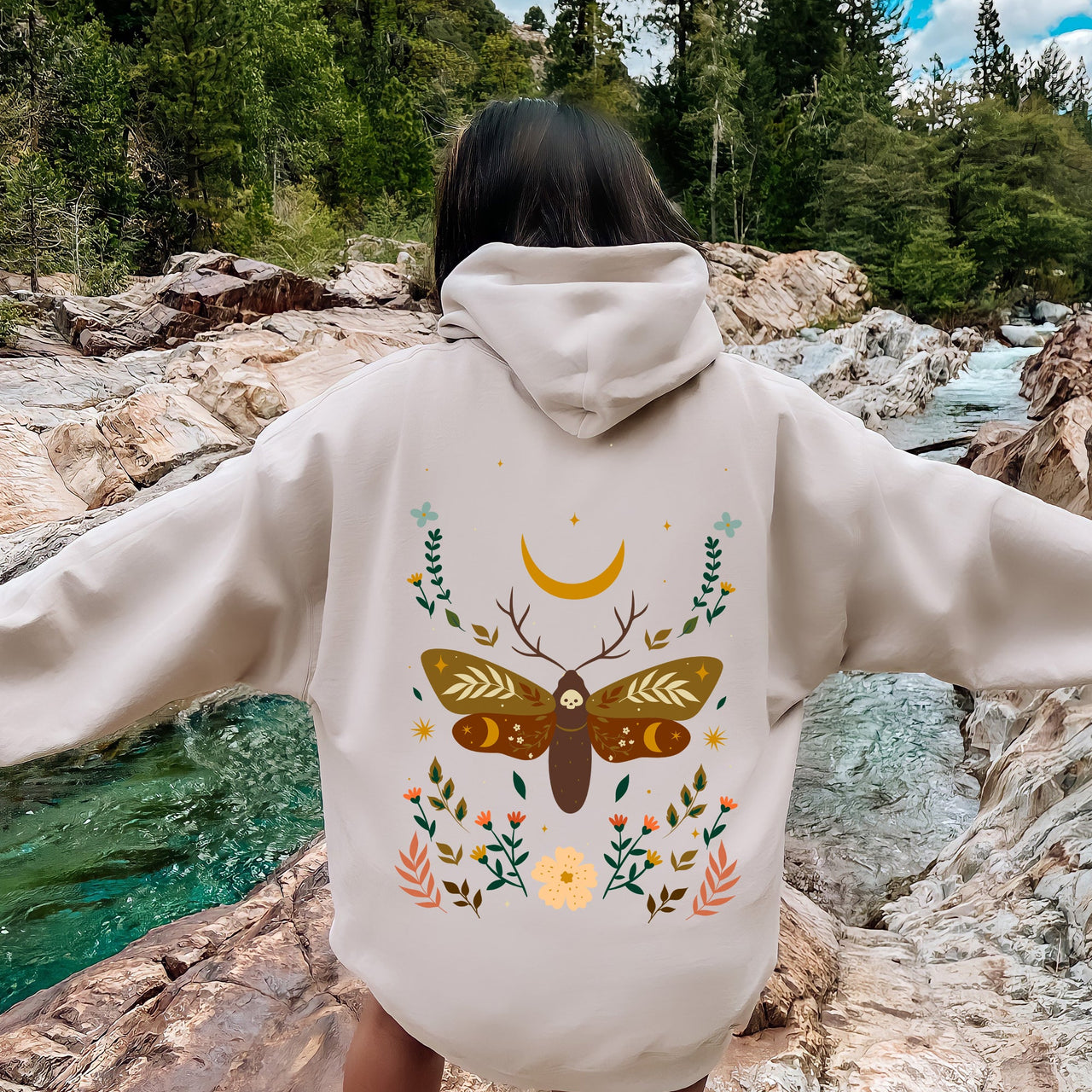 Enchanted Moth Garden Floral Print Botanical Moth Themed Art Nature Inspired Graphic Hoodie