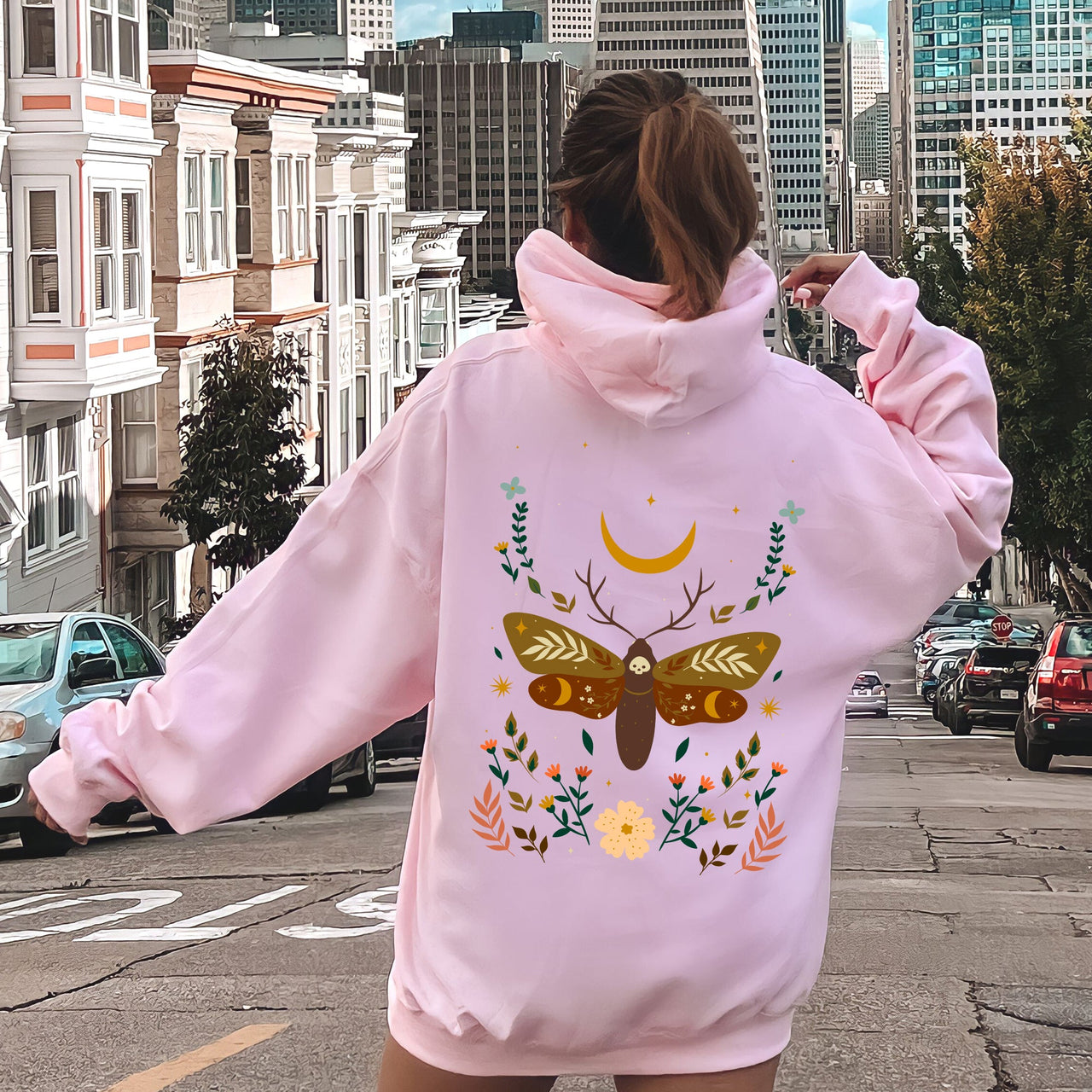 Enchanted Moth Garden Floral Print Botanical Moth Themed Art Nature Inspired Graphic Hoodie