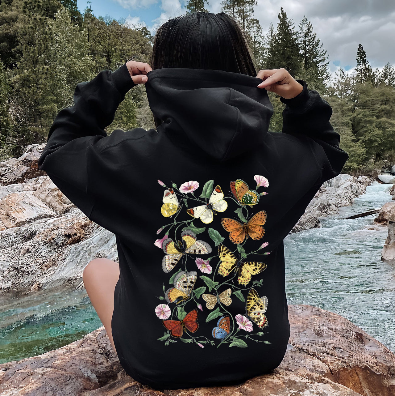 Butterfly Garden Floral And Butterfly Print Nature Inspired Garden Scene With Blooming Flowers Graphic Hoodie