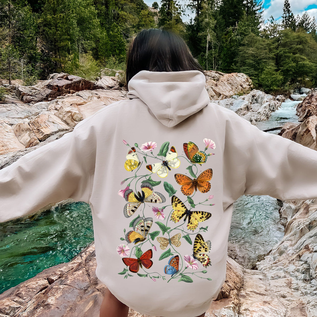 Butterfly Garden Floral And Butterfly Print Nature Inspired Garden Scene With Blooming Flowers Graphic Hoodie
