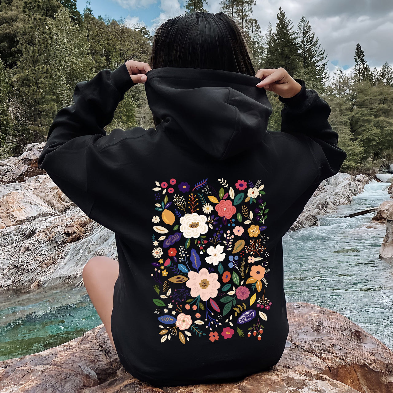 Bloom Brilliance Color-Infused Floral Print All-Over Garden Motif With Petal Shimmer Accent Hoodie