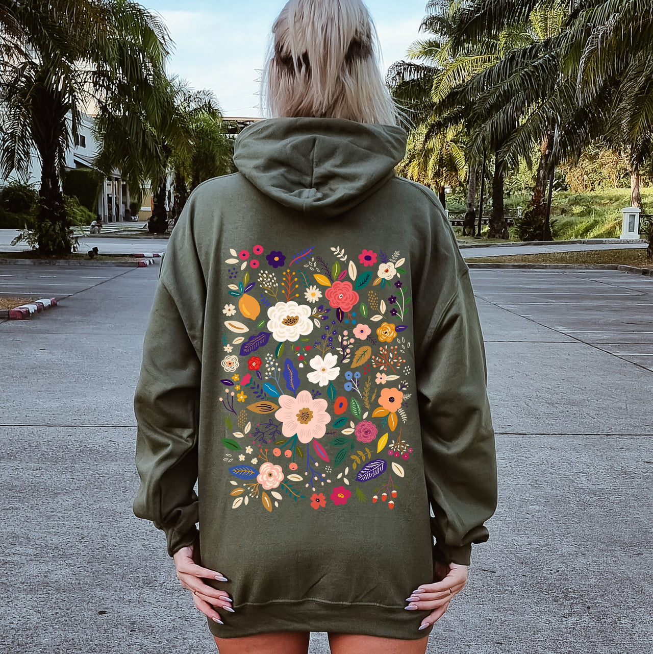 Bloom Brilliance Color-Infused Floral Print All-Over Garden Motif With Petal Shimmer Accent Hoodie